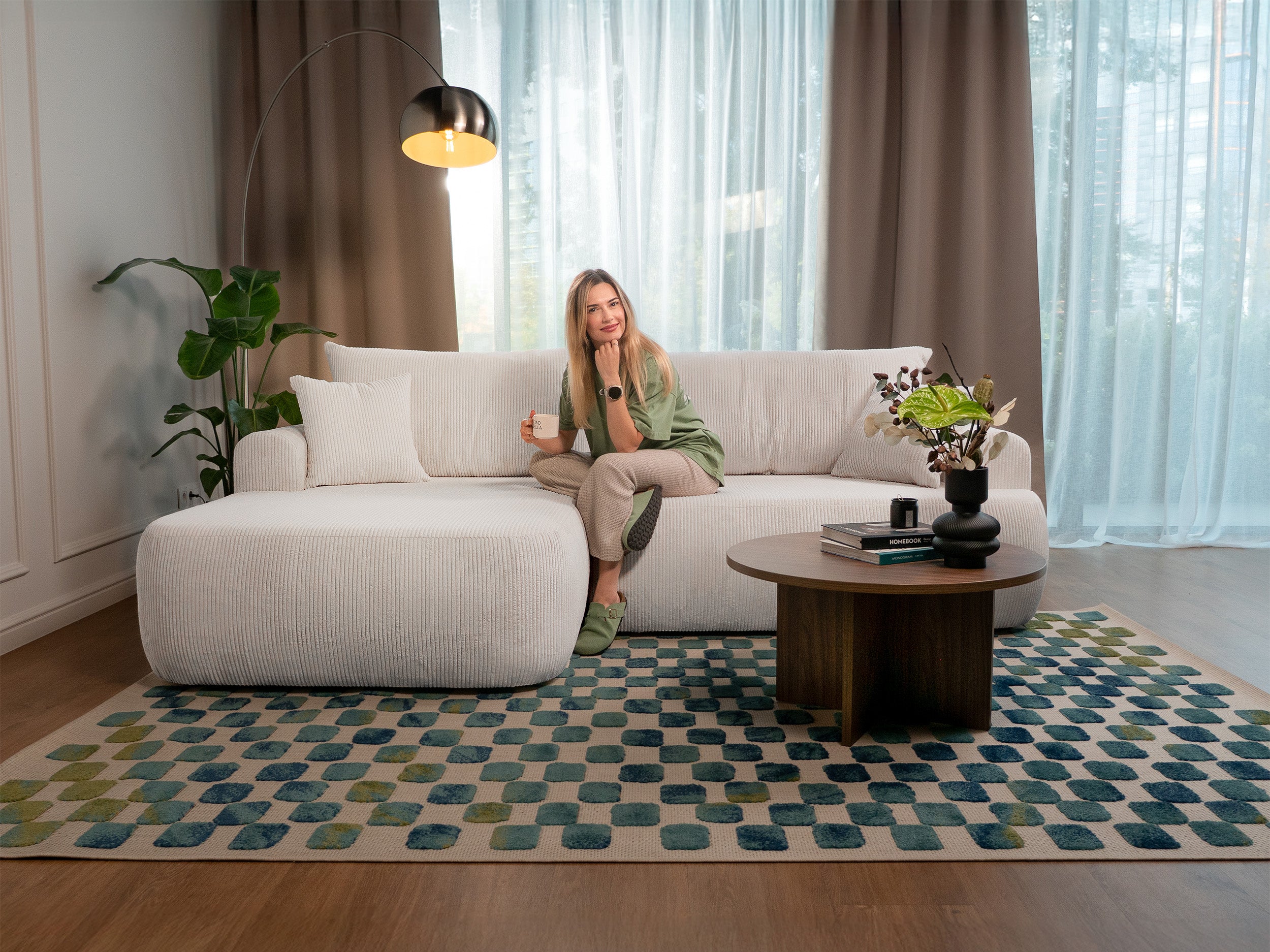 Ecksofa mit Schlaffunktion Ovo Cord, L-förmig, linksseitig, mit Stauraum, weißer Cordstoff