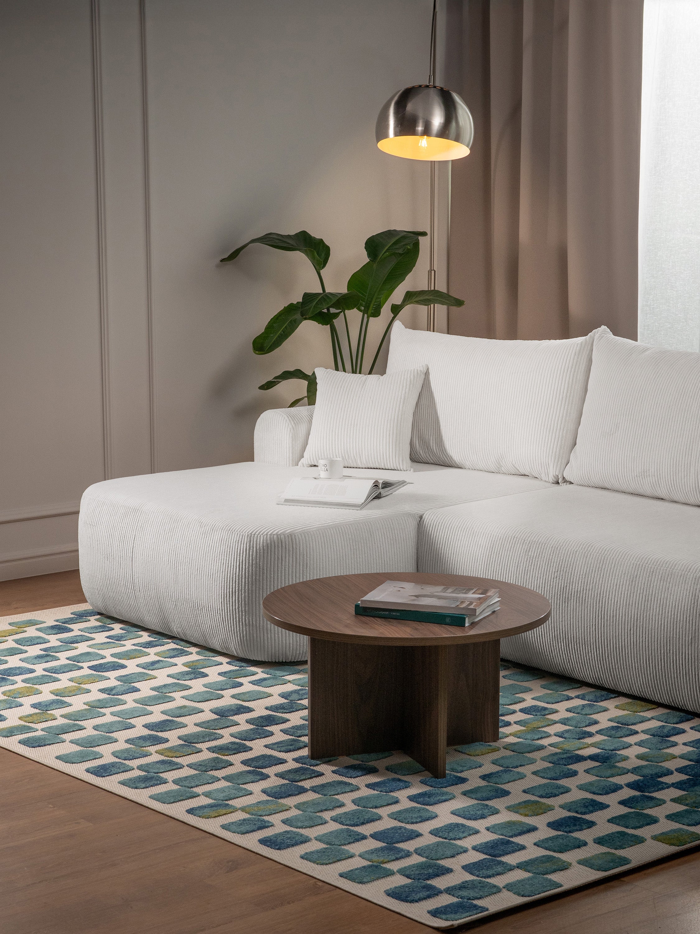 Ecksofa mit Schlaffunktion Ovo Cord, L-förmig, linksseitig, mit Stauraum, weißer Cordstoff