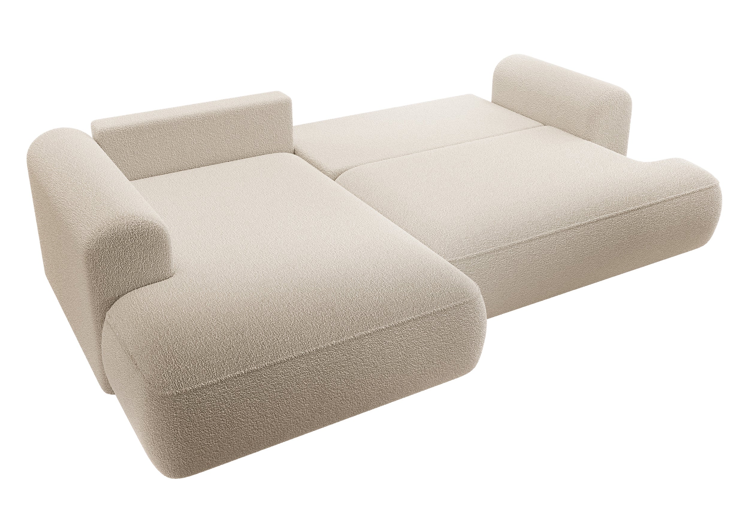 Ecksofa mit Schlaffunktion Ovo, L-förmig, mit Armlehne und Stauraum, beige Bouclé, linksseitig
