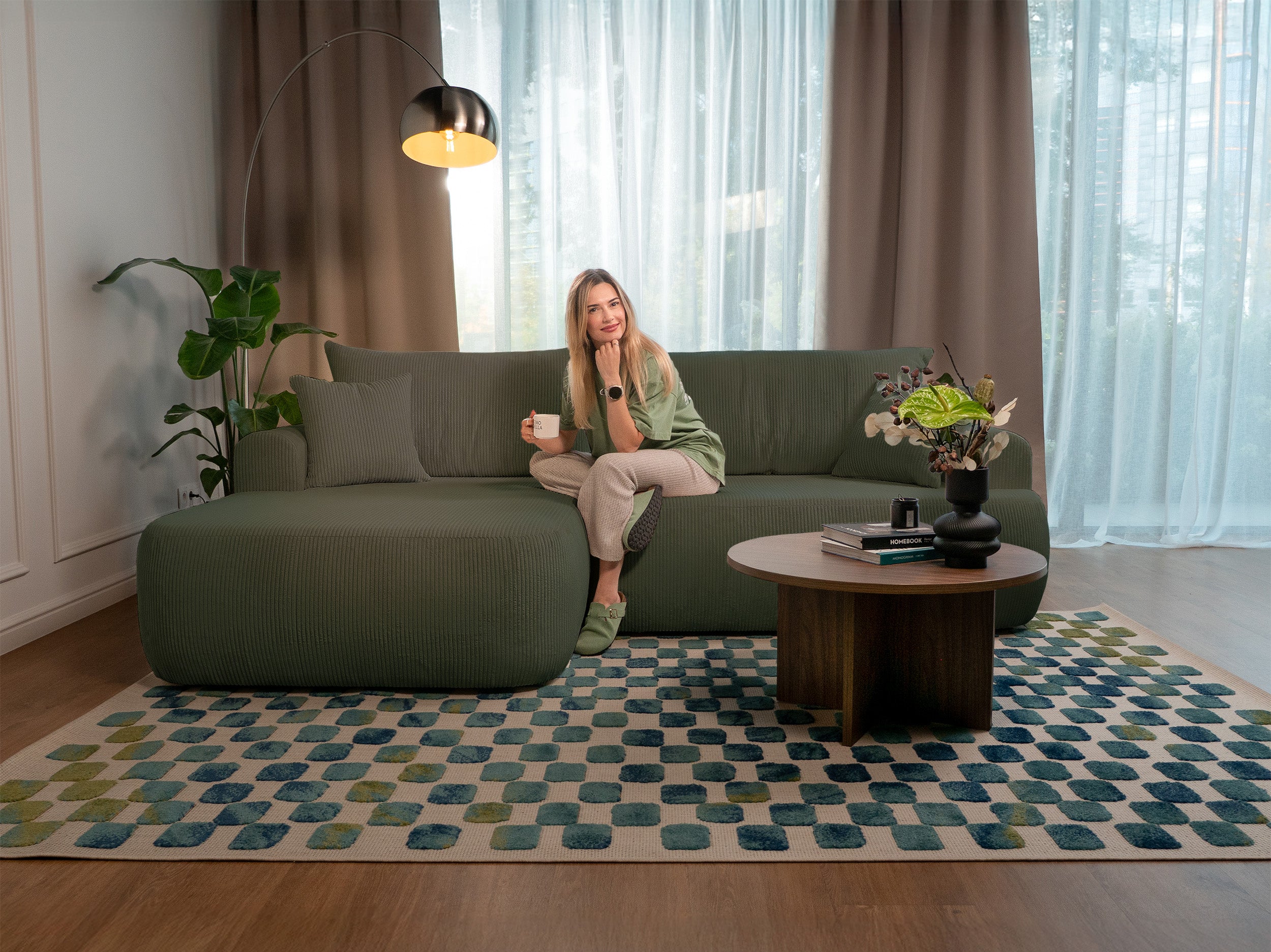 Ecksofa mit Schlaffunktion Ovo Cord L-förmig linksseitig mit Stauraum olivgrüner Cordstoff
