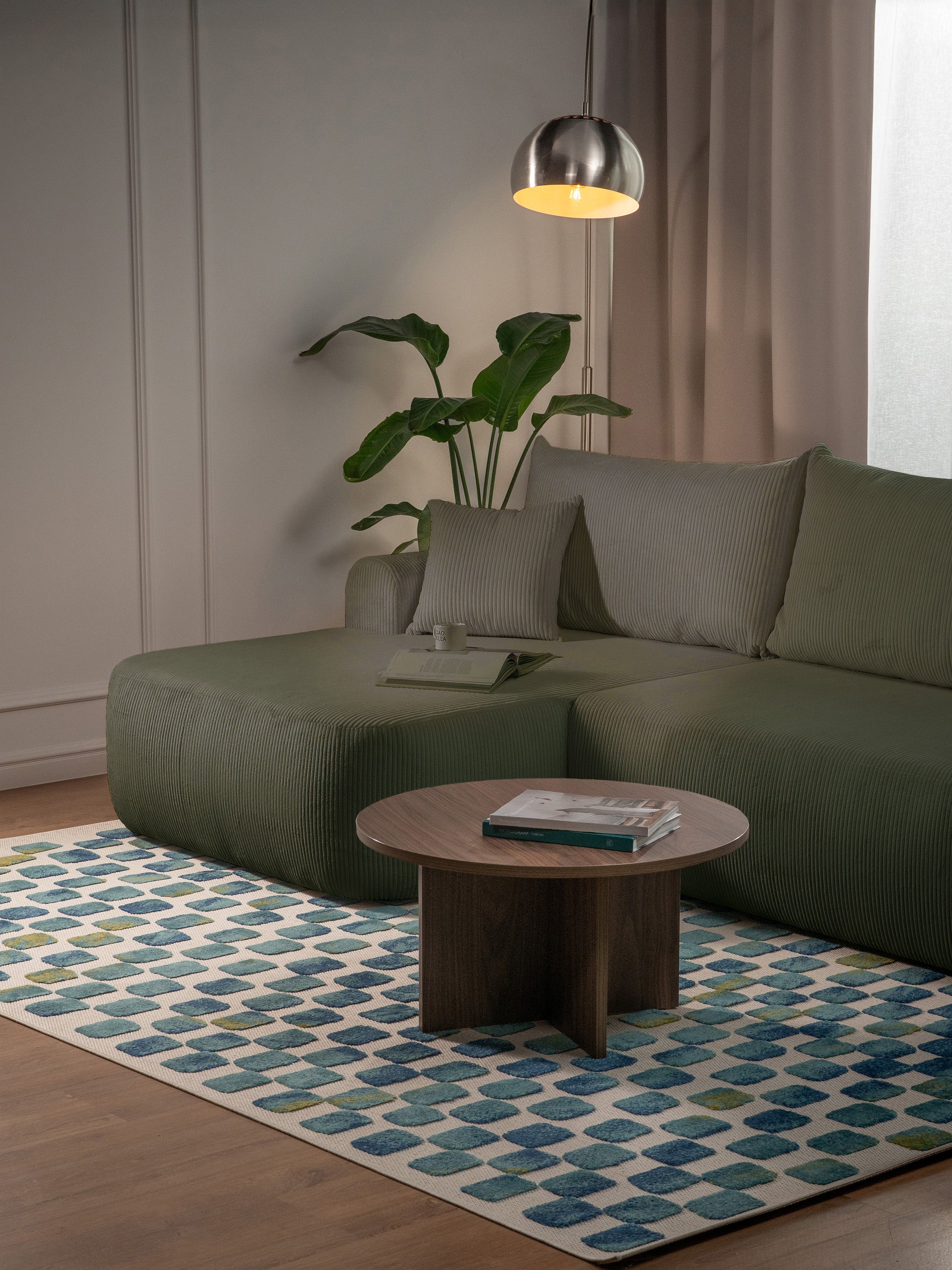 Ecksofa mit Schlaffunktion Ovo Cord L-förmig linksseitig mit Stauraum olivgrüner Cordstoff