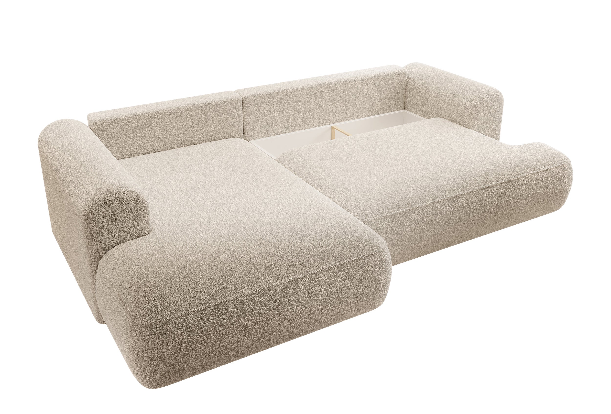 Ecksofa mit Schlaffunktion Ovo, L-förmig, mit Armlehne und Stauraum, beige Bouclé, linksseitig