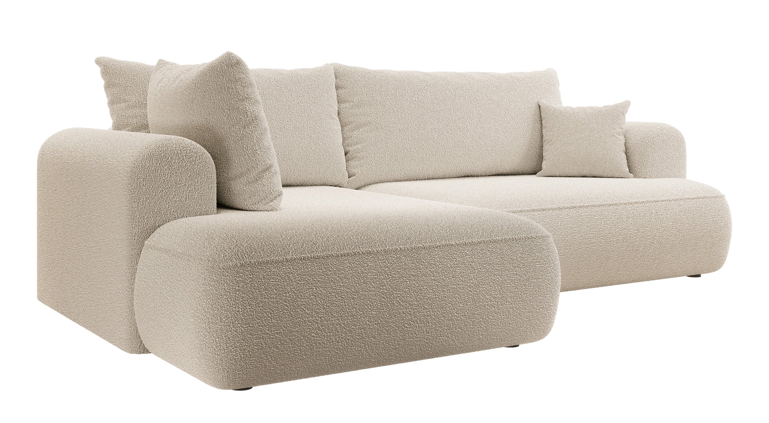 Ecksofa mit Schlaffunktion Ovo, L-förmig, mit Armlehne und Stauraum, beige Bouclé, linksseitig