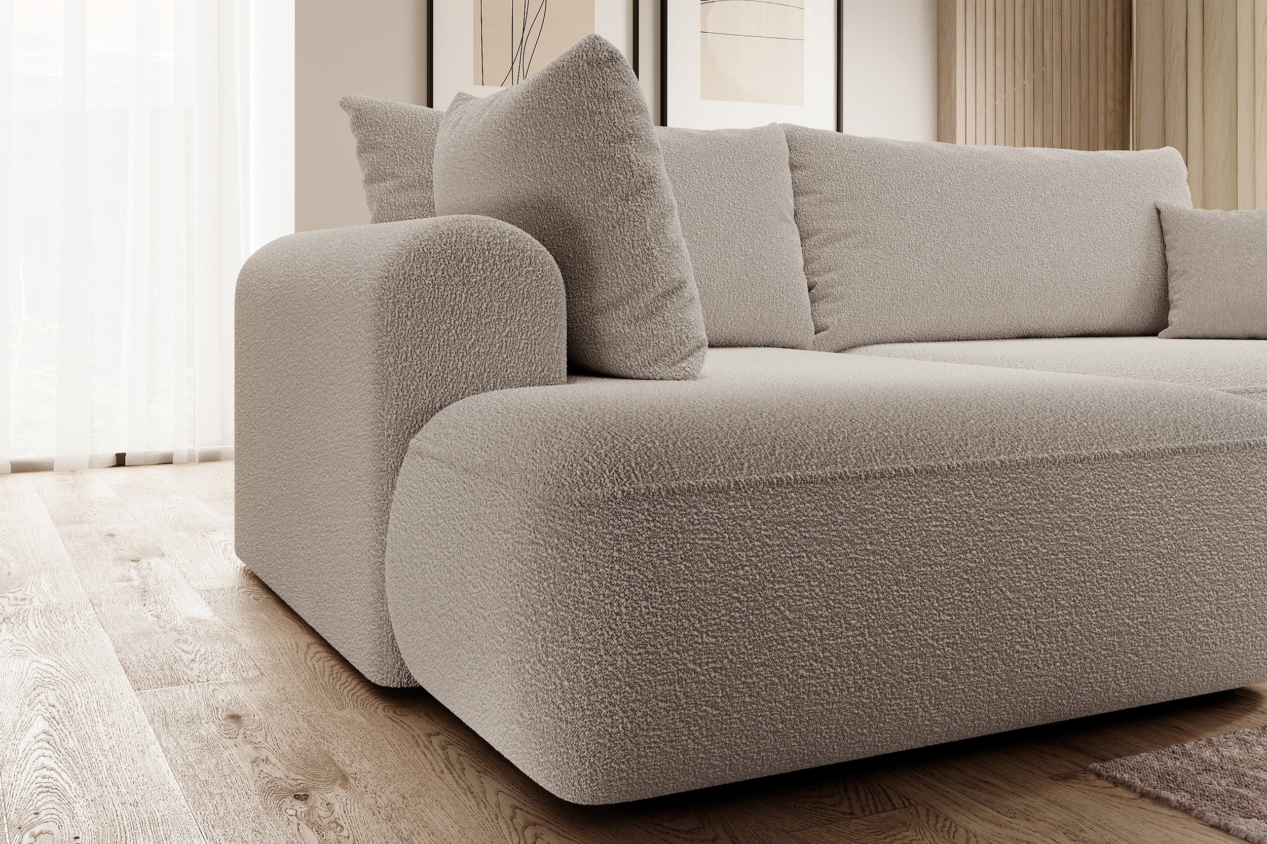 Ecksofa mit Schlaffunktion Ovo, L-förmig, mit Armlehne und Stauraum, dunkelbeige Bouclé, linksseitig