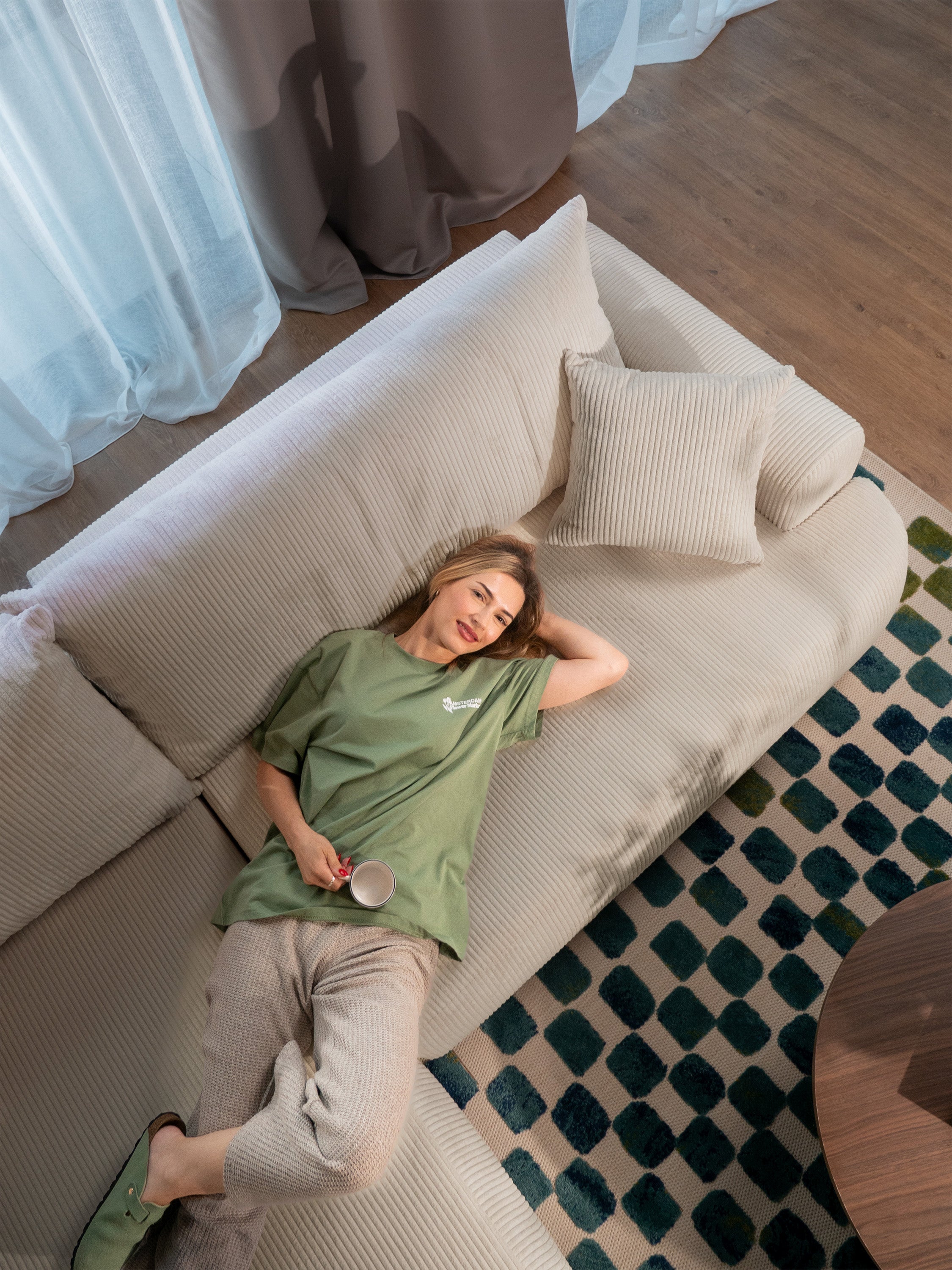 Ovo Cord Ecksofa mit Schlaffunktion, L-Form, linksseitig, mit Stauraum, hellbeige Cordstoff