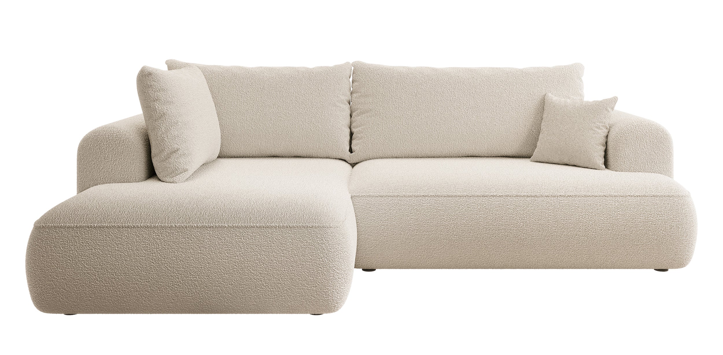 Ecksofa mit Schlaffunktion Ovo, L-förmig, mit Armlehne und Stauraum, beige Bouclé, linksseitig