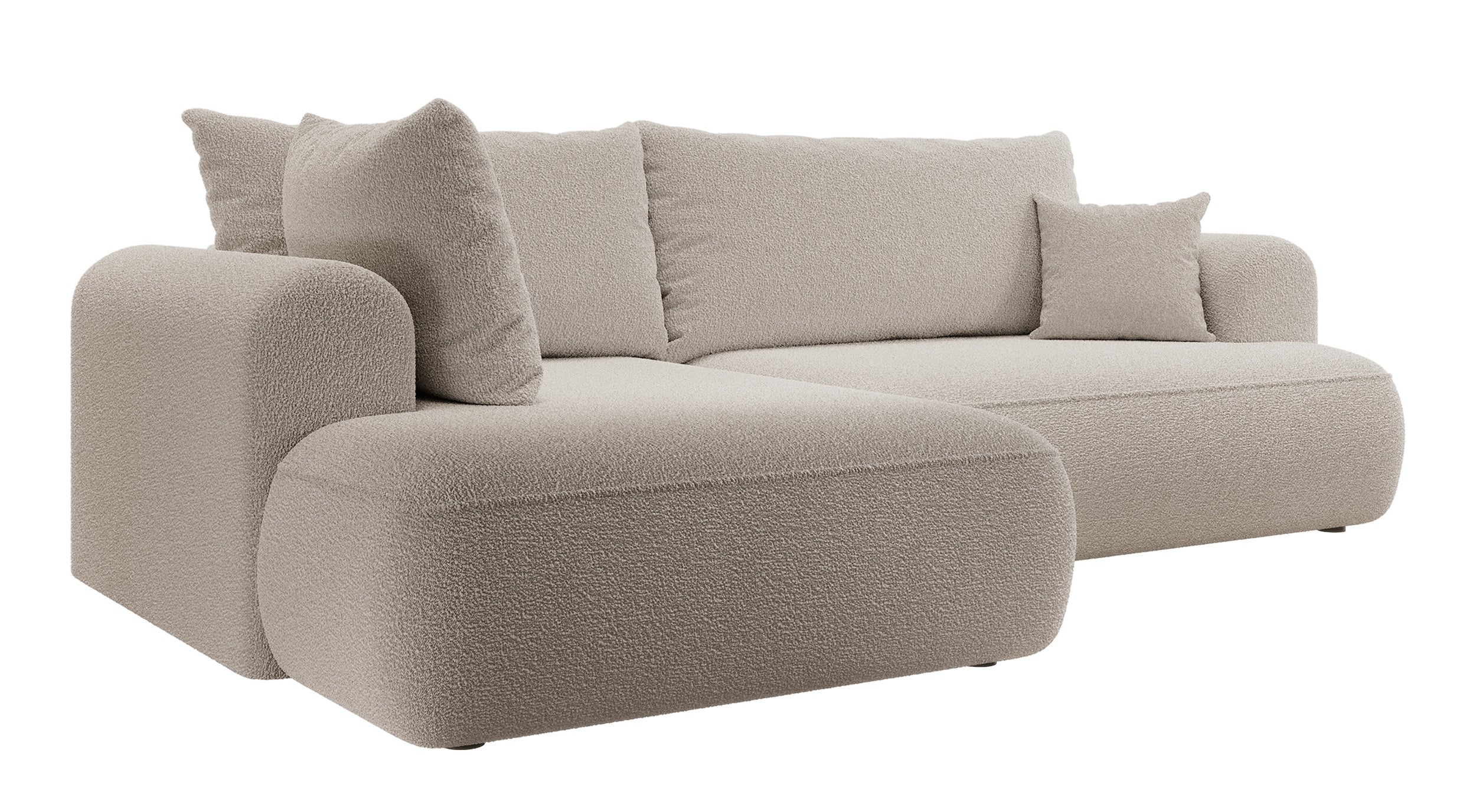 Ecksofa mit Schlaffunktion Ovo, L-förmig, mit Armlehne und Stauraum, dunkelbeige Bouclé, linksseitig