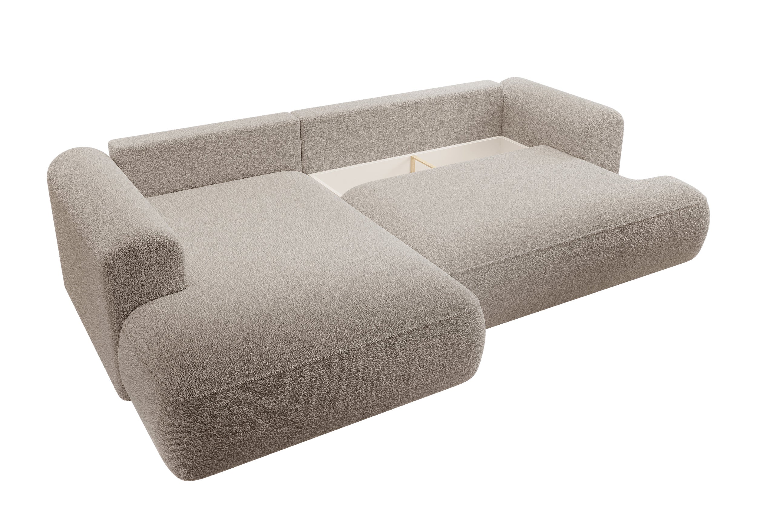 Ecksofa mit Schlaffunktion Ovo, L-förmig, mit Armlehne und Stauraum, dunkelbeige Bouclé, linksseitig