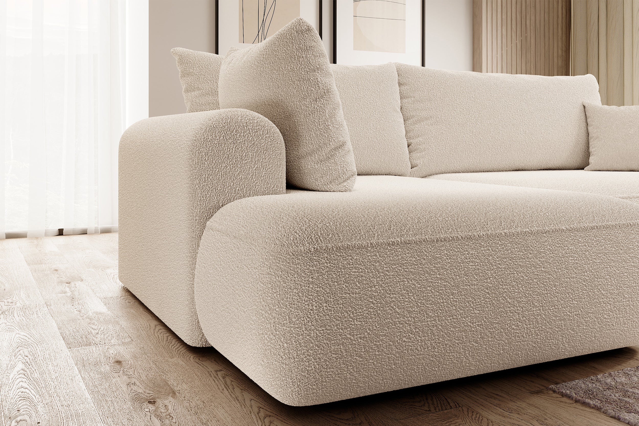 Ecksofa mit Schlaffunktion Ovo, L-förmig, mit Armlehne und Stauraum, beige Bouclé, linksseitig
