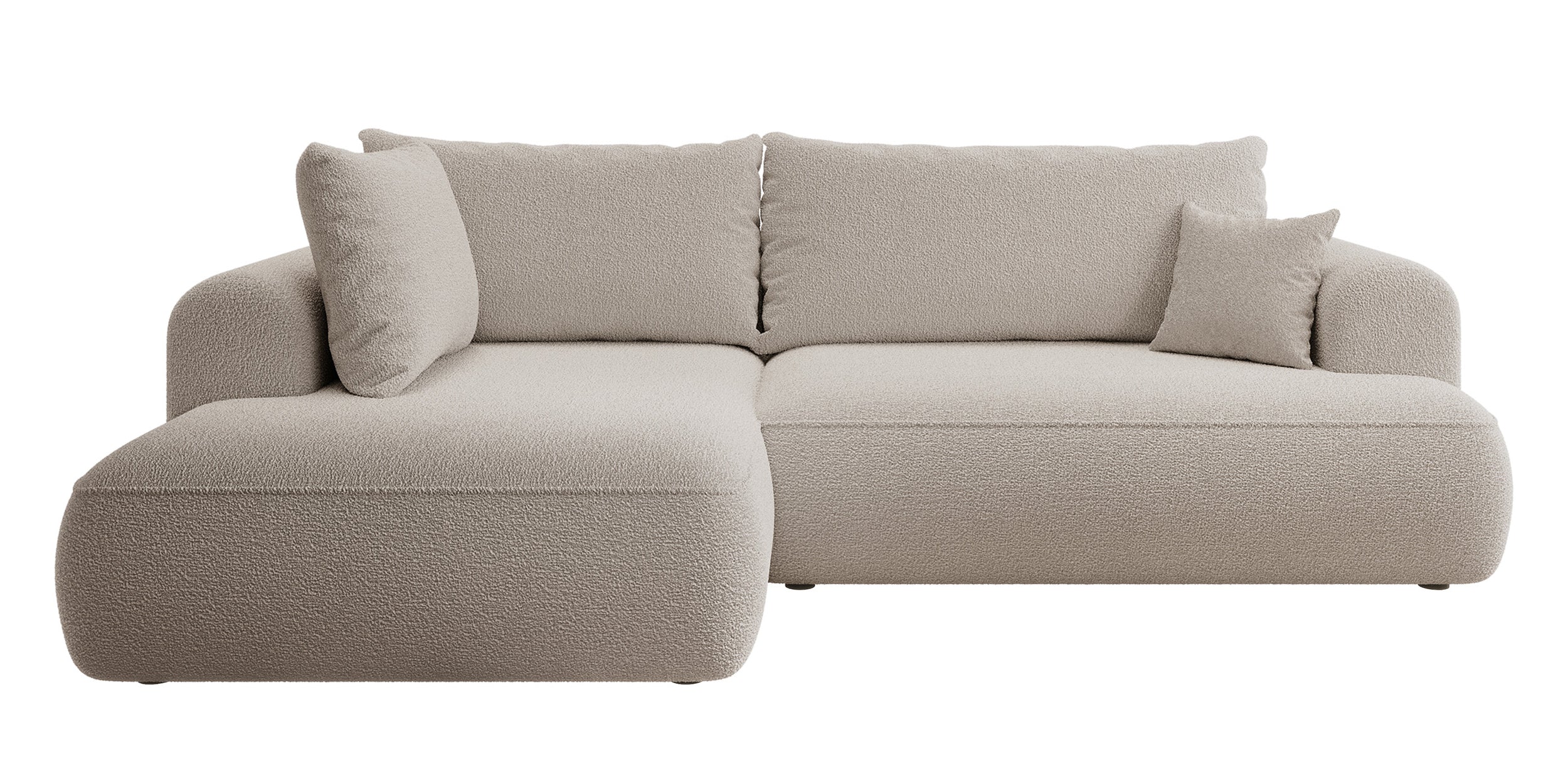 Ecksofa mit Schlaffunktion Ovo, L-förmig, mit Armlehne und Stauraum, dunkelbeige Bouclé, linksseitig