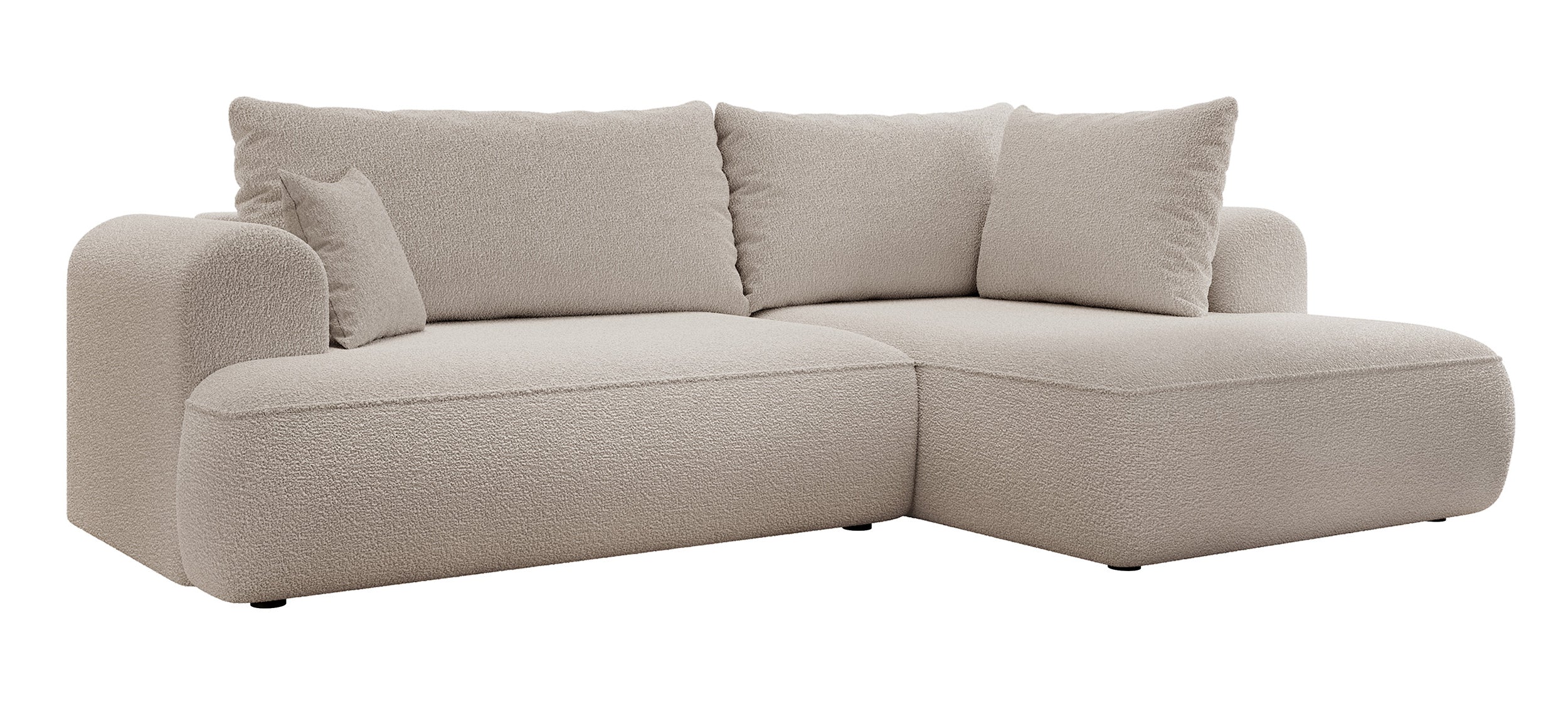 Ecksofa mit Schlaffunktion Ovo, L-förmig, mit Armlehne und Stauraum, dunkelbeiges Bouclé, rechtsseitig