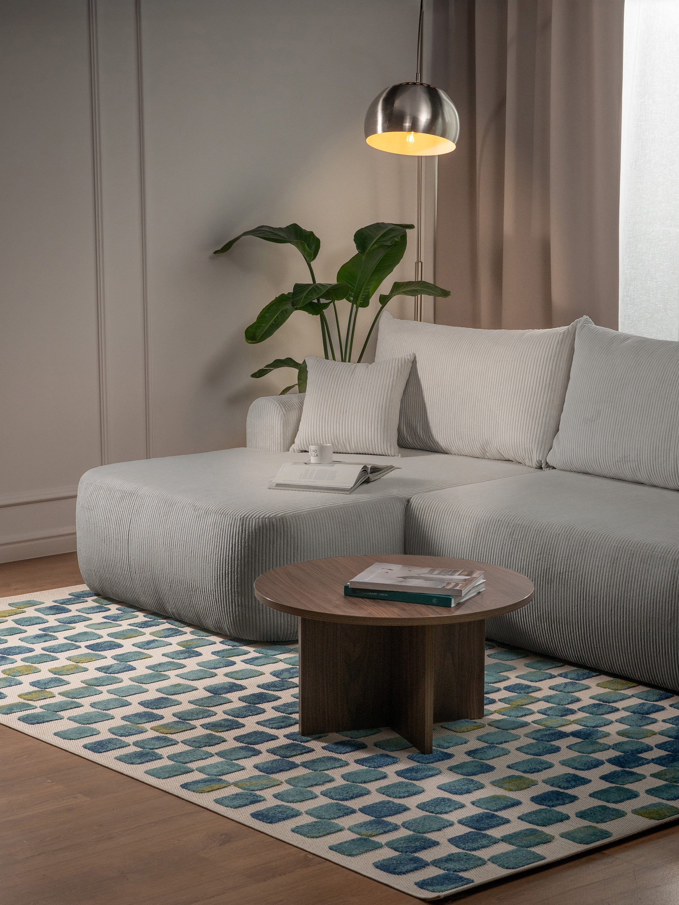 Ecksofa mit Schlaffunktion Ovo Cord, L-förmig, linksseitig, mit Stauraum, grau-beige Cordstoff