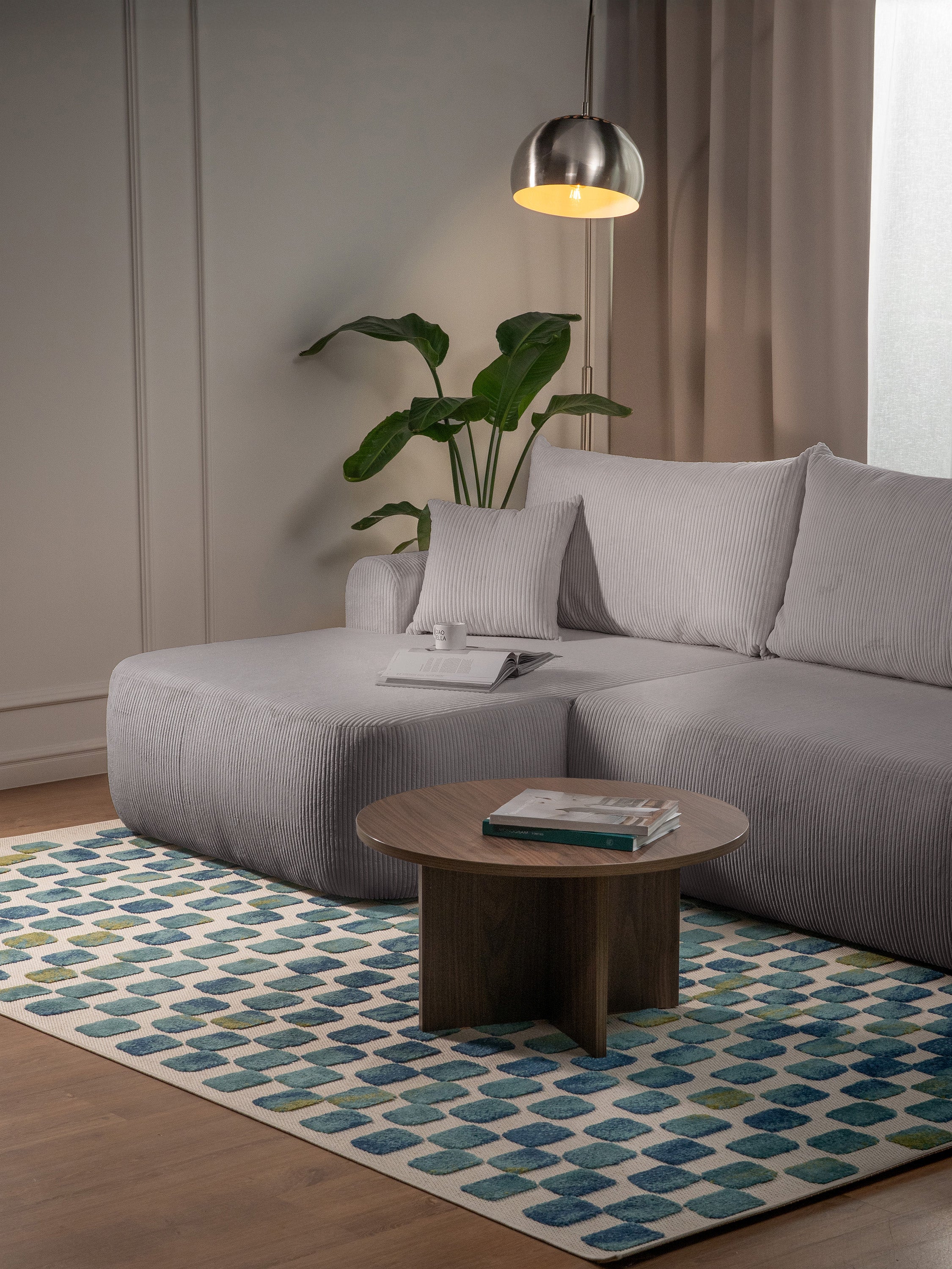 Ecksofa mit Schlaffunktion Ovo Cord, L-förmig, linksseitig, mit Stauraum, hellgrauer Cordstoff