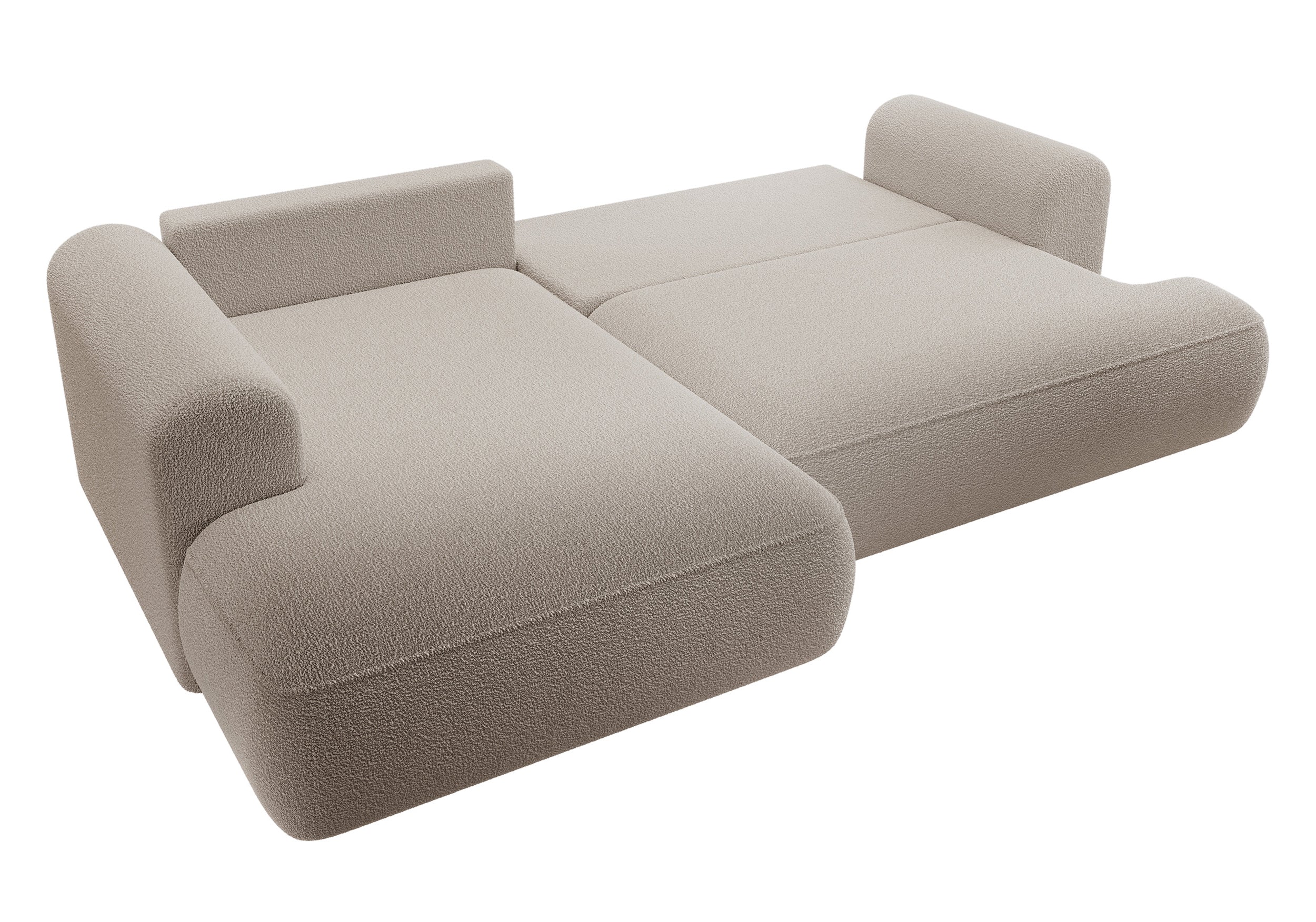 Ecksofa mit Schlaffunktion Ovo, L-förmig, mit Armlehne und Stauraum, dunkelbeige Bouclé, linksseitig