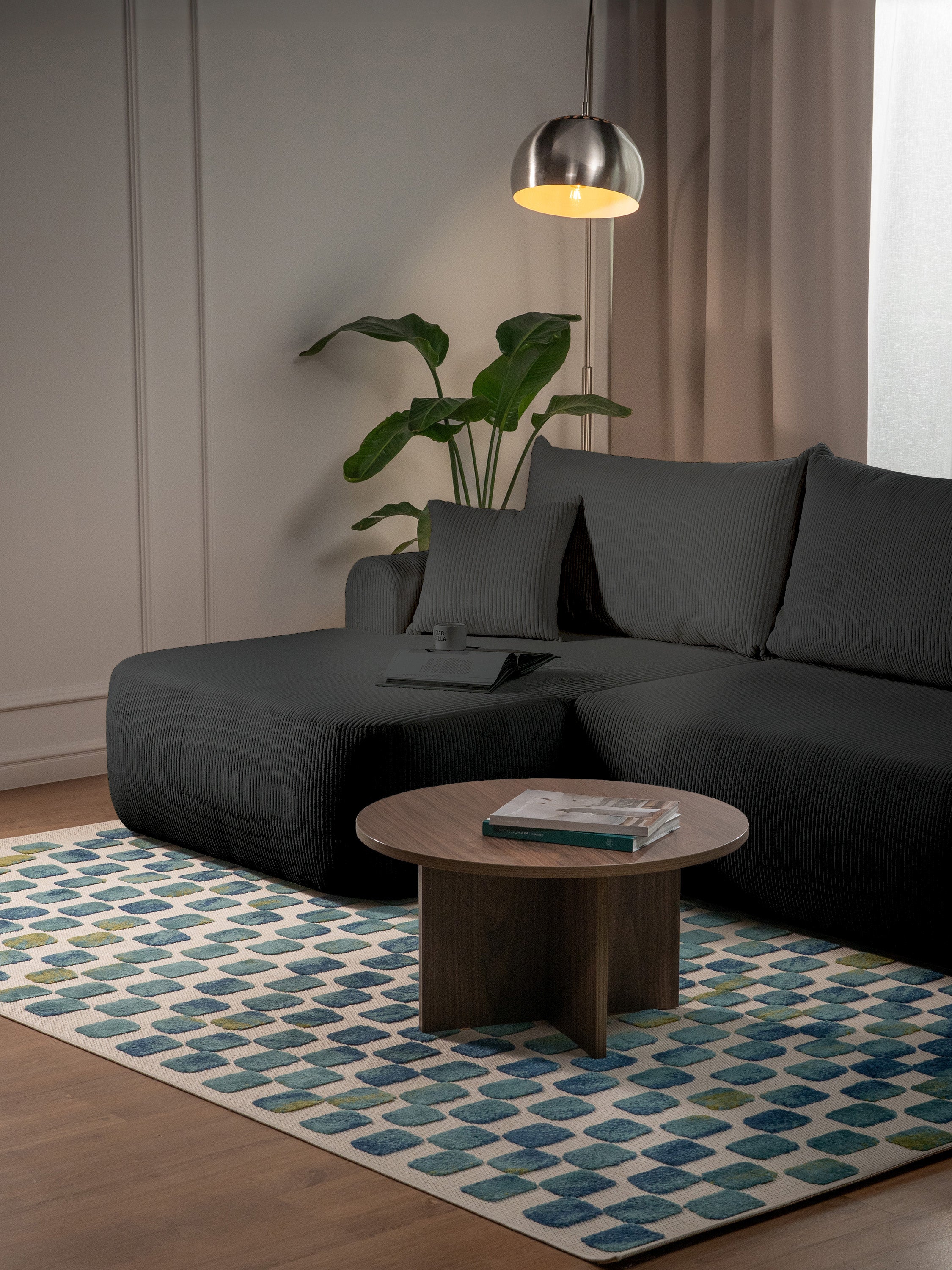 Ecksofa mit Schlaffunktion Ovo Cord, L-förmig, linksseitig, mit Stauraum, dunkelgrauer Cordstoff