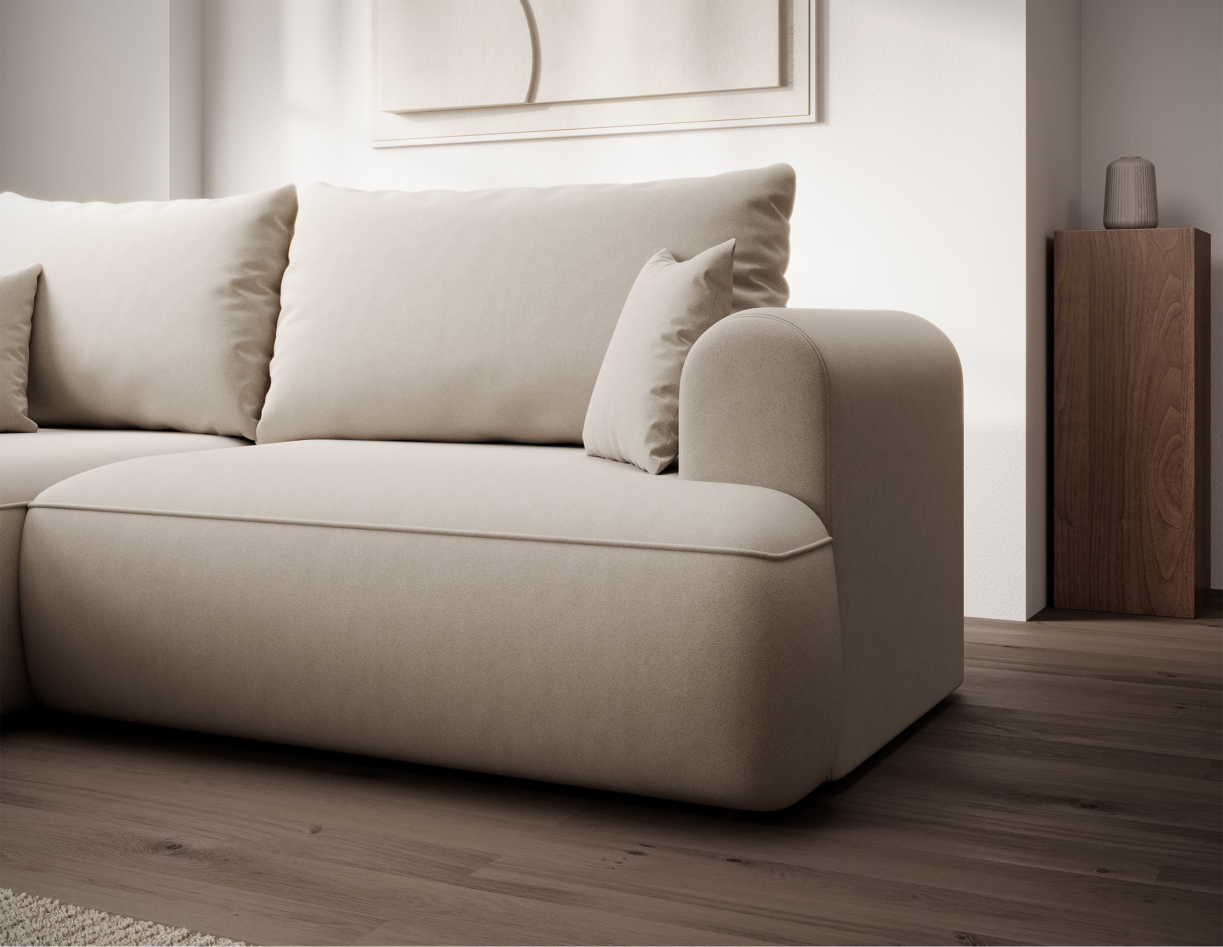 Ecksofa mit Schlaffunktion Ovo mini, L-Form, linksseitig, mit Stauraum, cremefarbener Velours, pflegeleicht