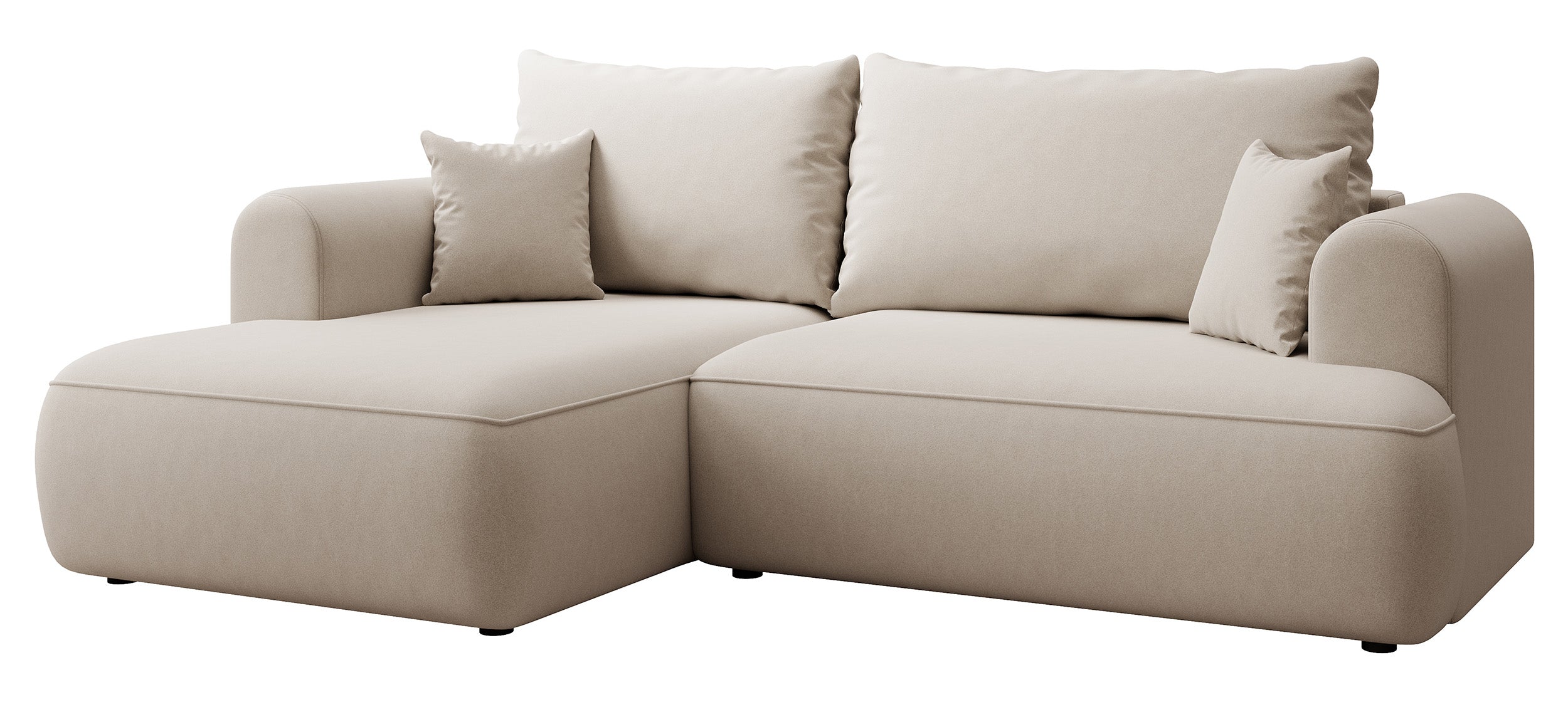 Ecksofa mit Schlaffunktion Ovo mini, L-Form, linksseitig, mit Stauraum, cremefarbener Velours, pflegeleicht