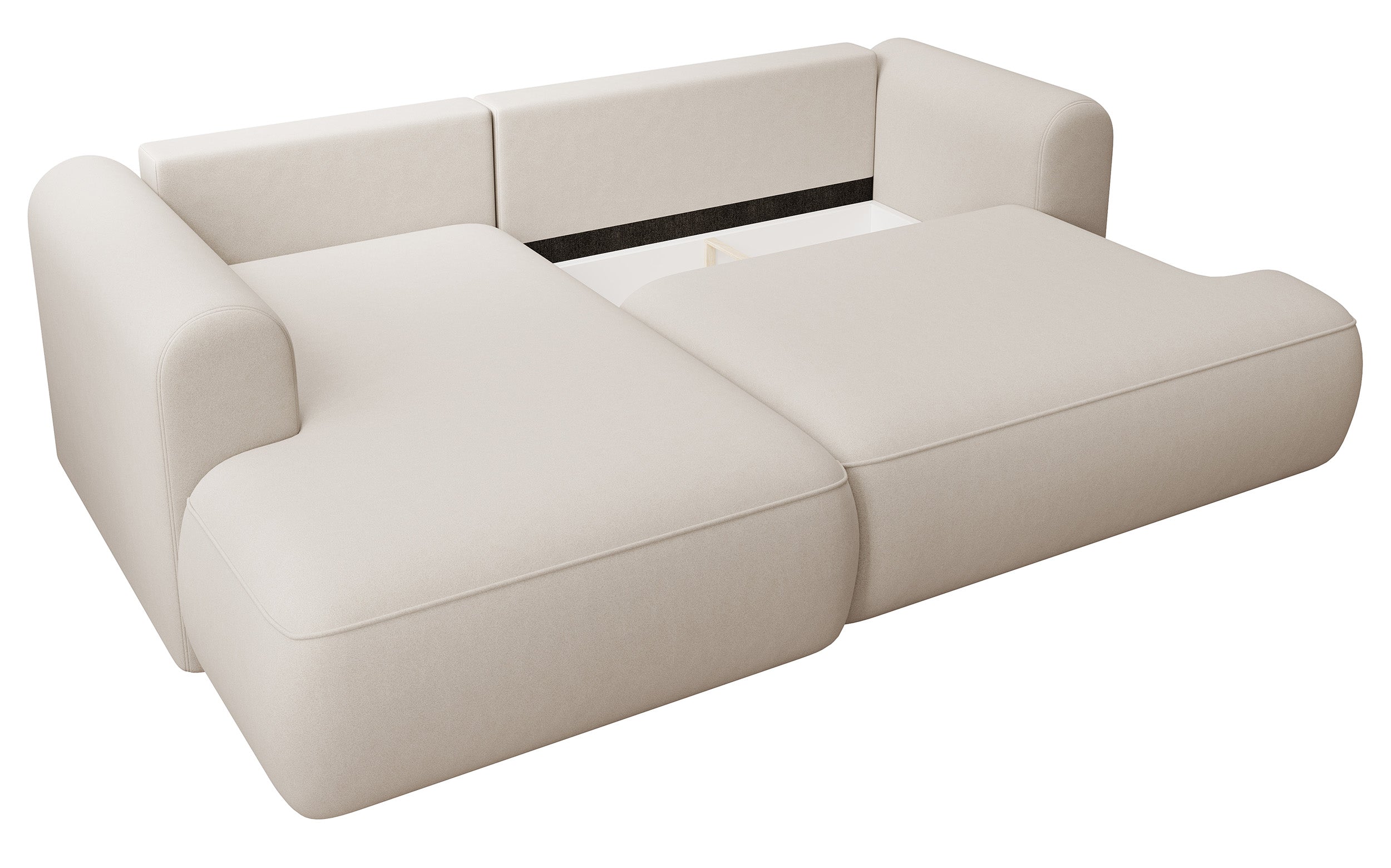 Ecksofa mit Schlaffunktion Ovo mini, L-Form, linksseitig, mit Stauraum, cremefarbener Velours, pflegeleicht