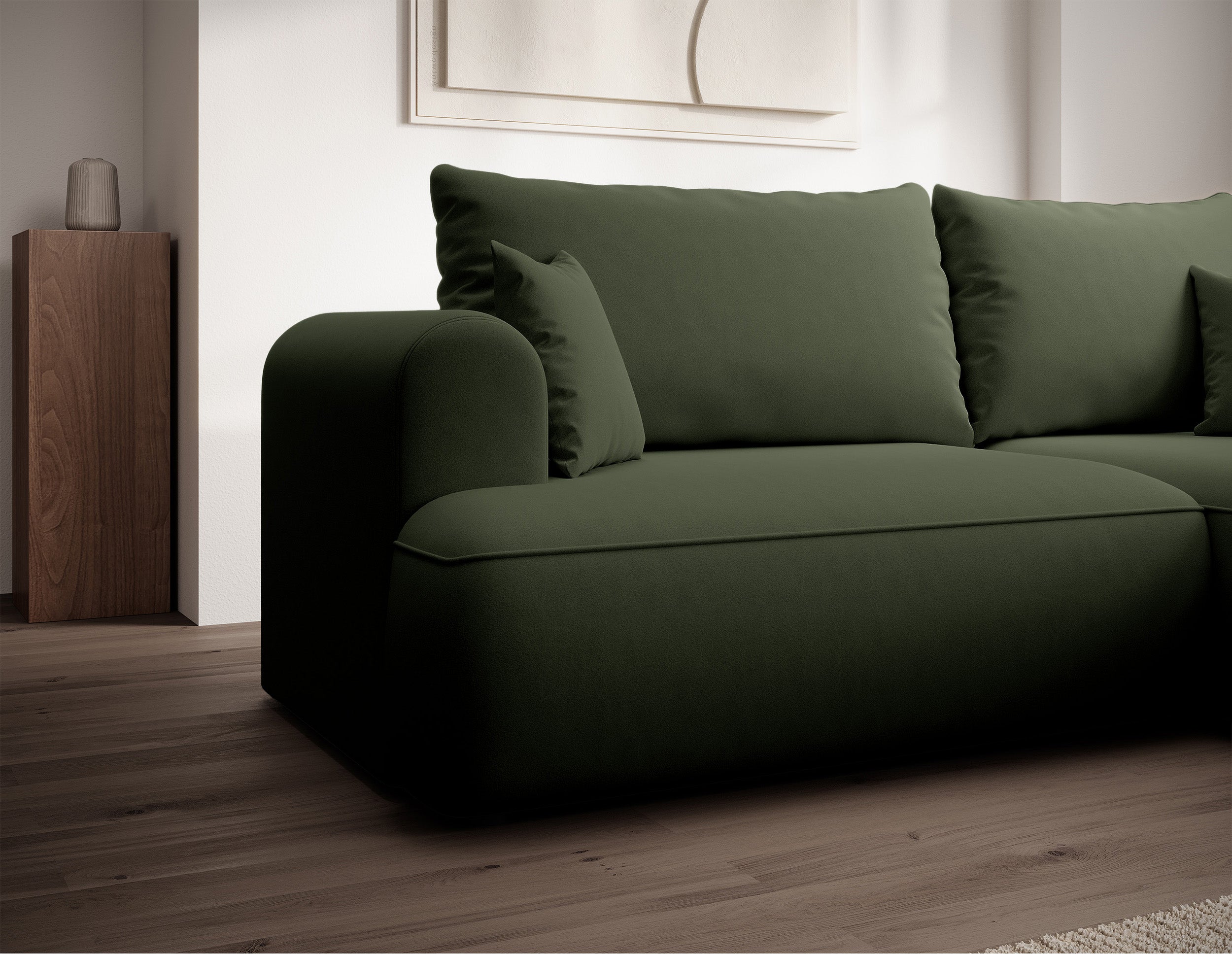 Ecksofa mit Schlaffunktion Ovo Mini, L-förmig, rechtsseitig, mit Stauraum, olivgrüner, leicht zu reinigender Samtbezug