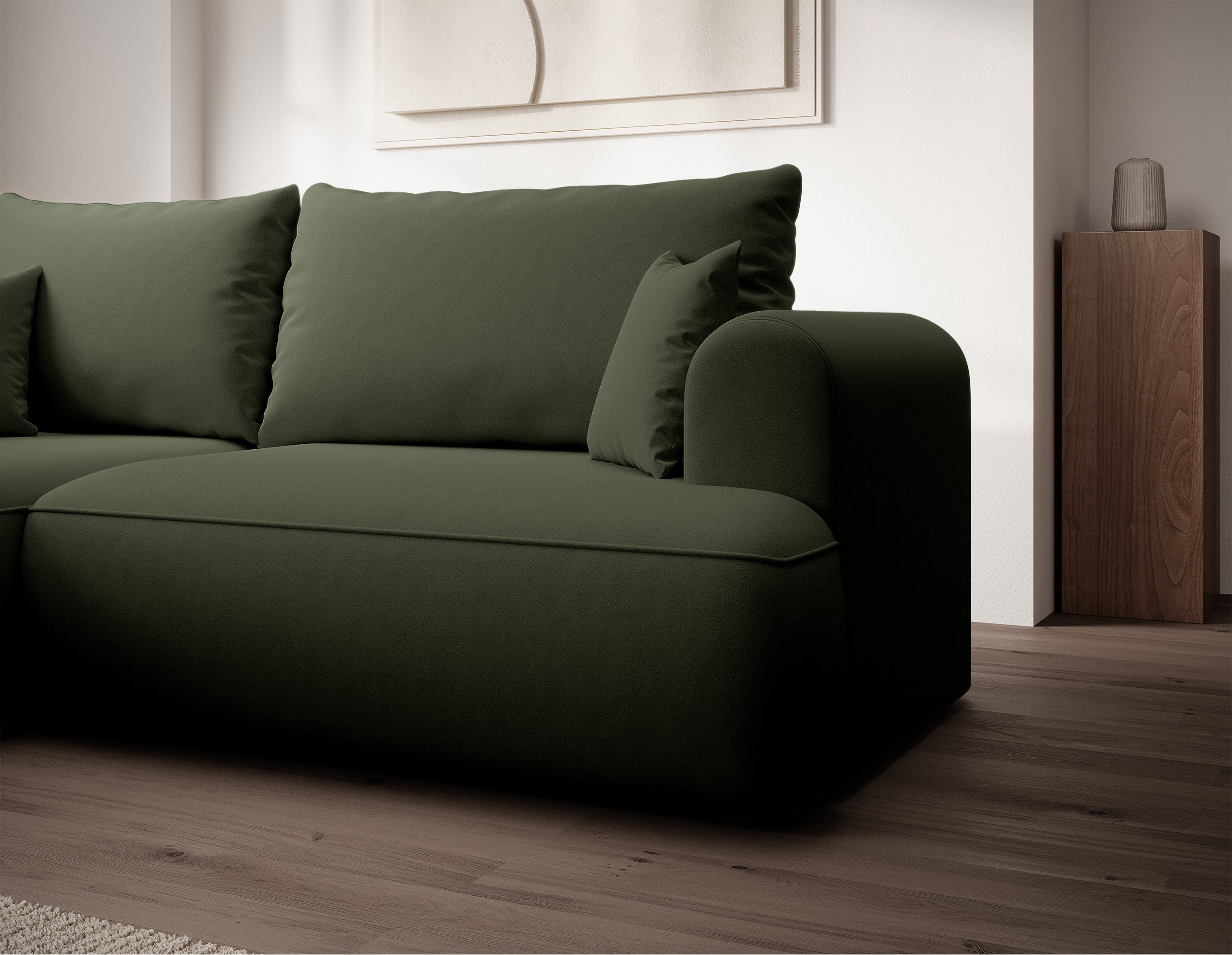 Ecksofa mit Schlaffunktion Ovo Mini, L-förmig, linksseitig, mit Stauraum, olivgrüner, pflegeleichter Samtbezug
