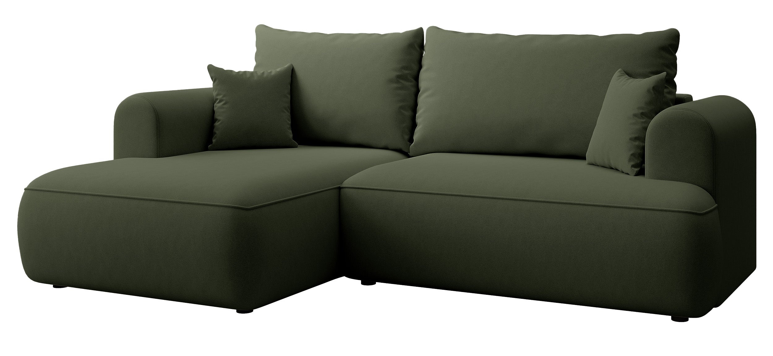 Ecksofa mit Schlaffunktion Ovo Mini, L-förmig, linksseitig, mit Stauraum, olivgrüner, pflegeleichter Samtbezug