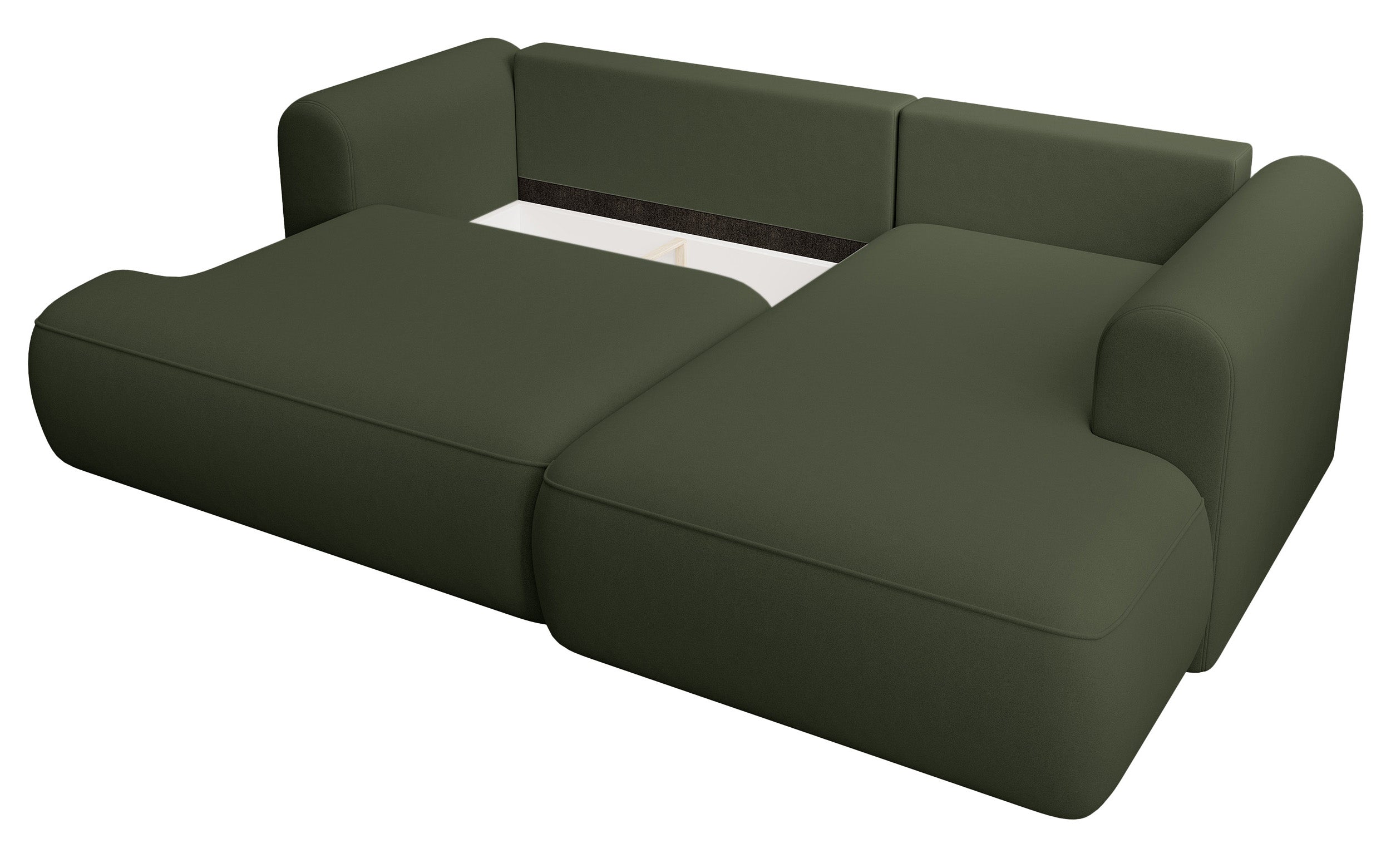 Ecksofa mit Schlaffunktion Ovo Mini, L-förmig, rechtsseitig, mit Stauraum, olivgrüner, leicht zu reinigender Samtbezug
