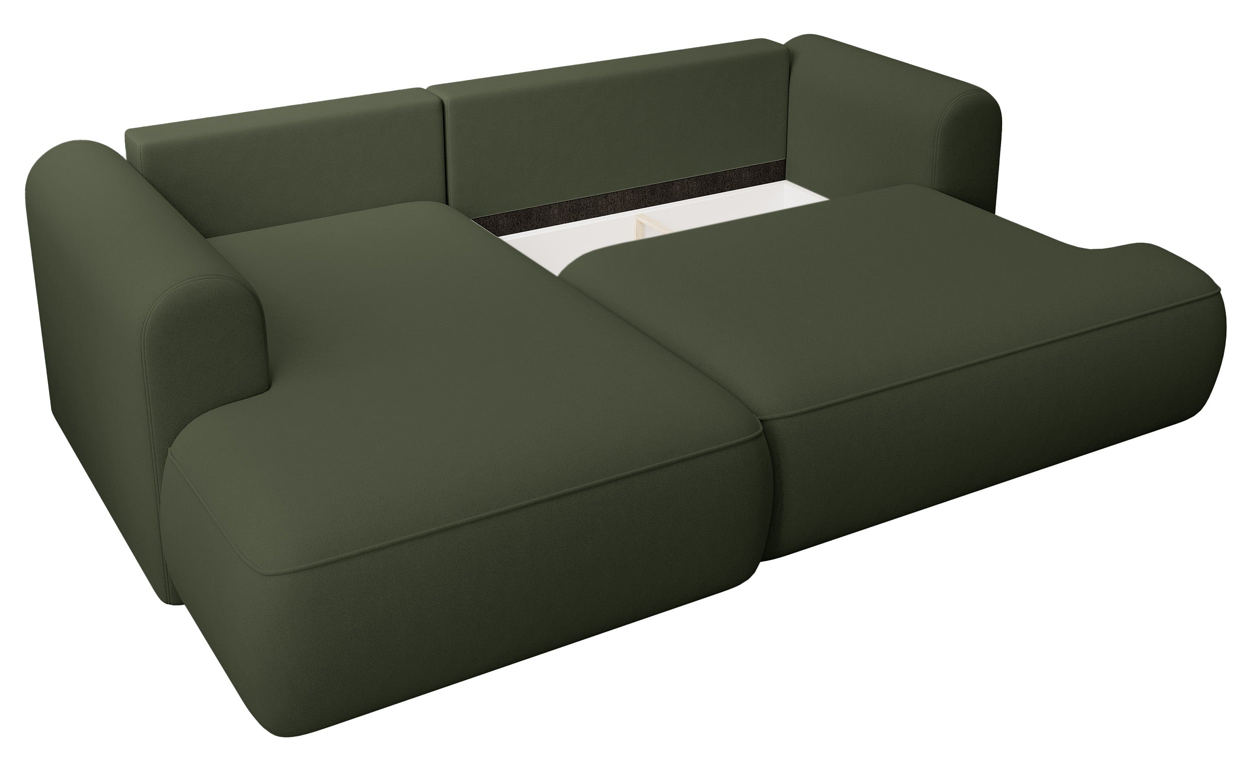 Ecksofa mit Schlaffunktion Ovo Mini, L-förmig, linksseitig, mit Stauraum, olivgrüner, pflegeleichter Samtbezug