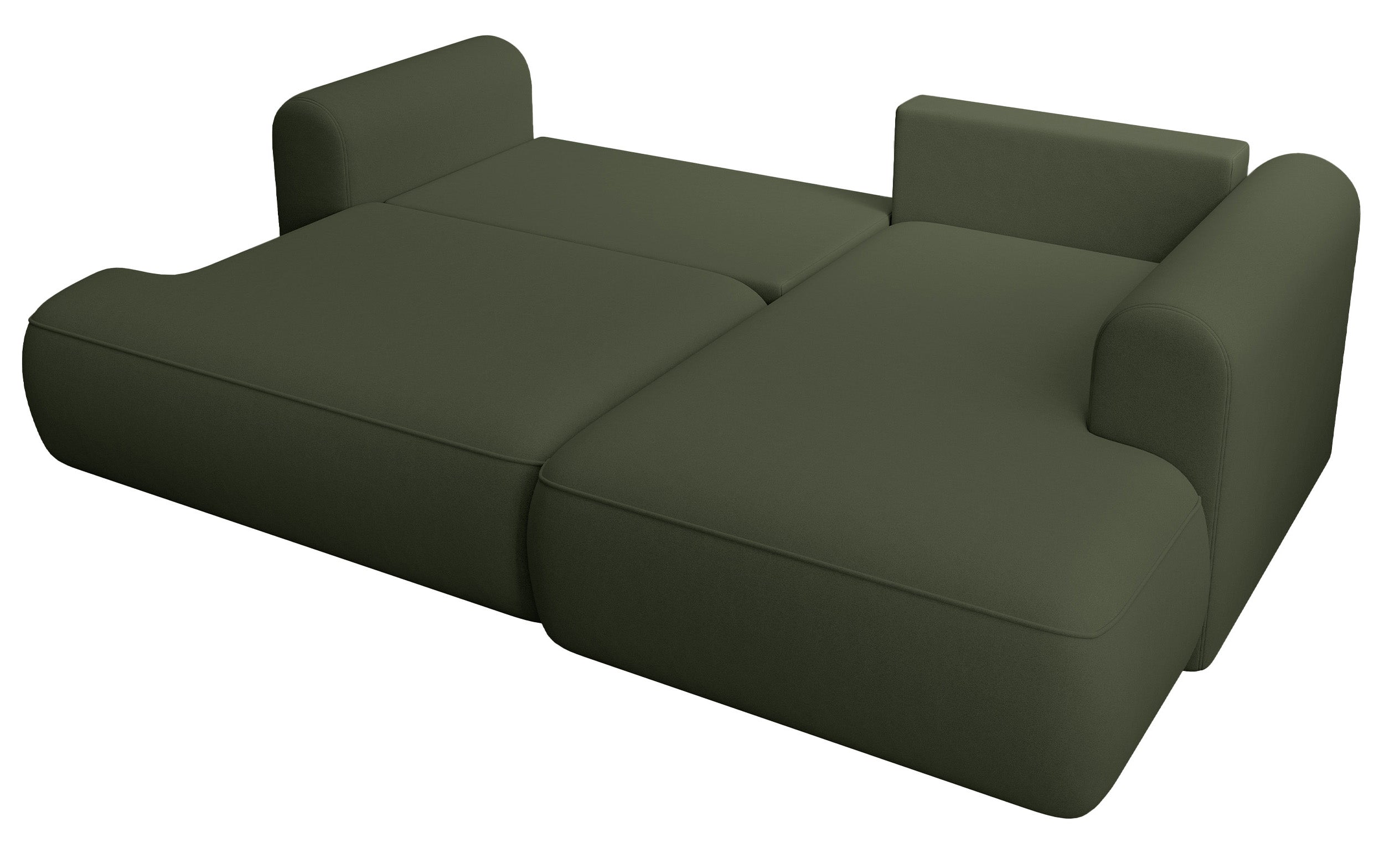 Ecksofa mit Schlaffunktion Ovo Mini, L-förmig, rechtsseitig, mit Stauraum, olivgrüner, leicht zu reinigender Samtbezug