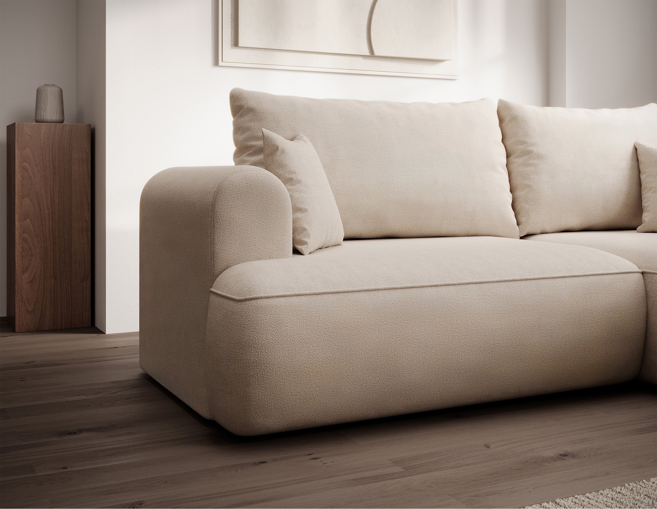Ecksofa mit Schlaffunktion Ovo mini, L-förmig, rechtsseitig, mit Stauraum, cremefarbener, pflegeleichter Chenille-Stoff