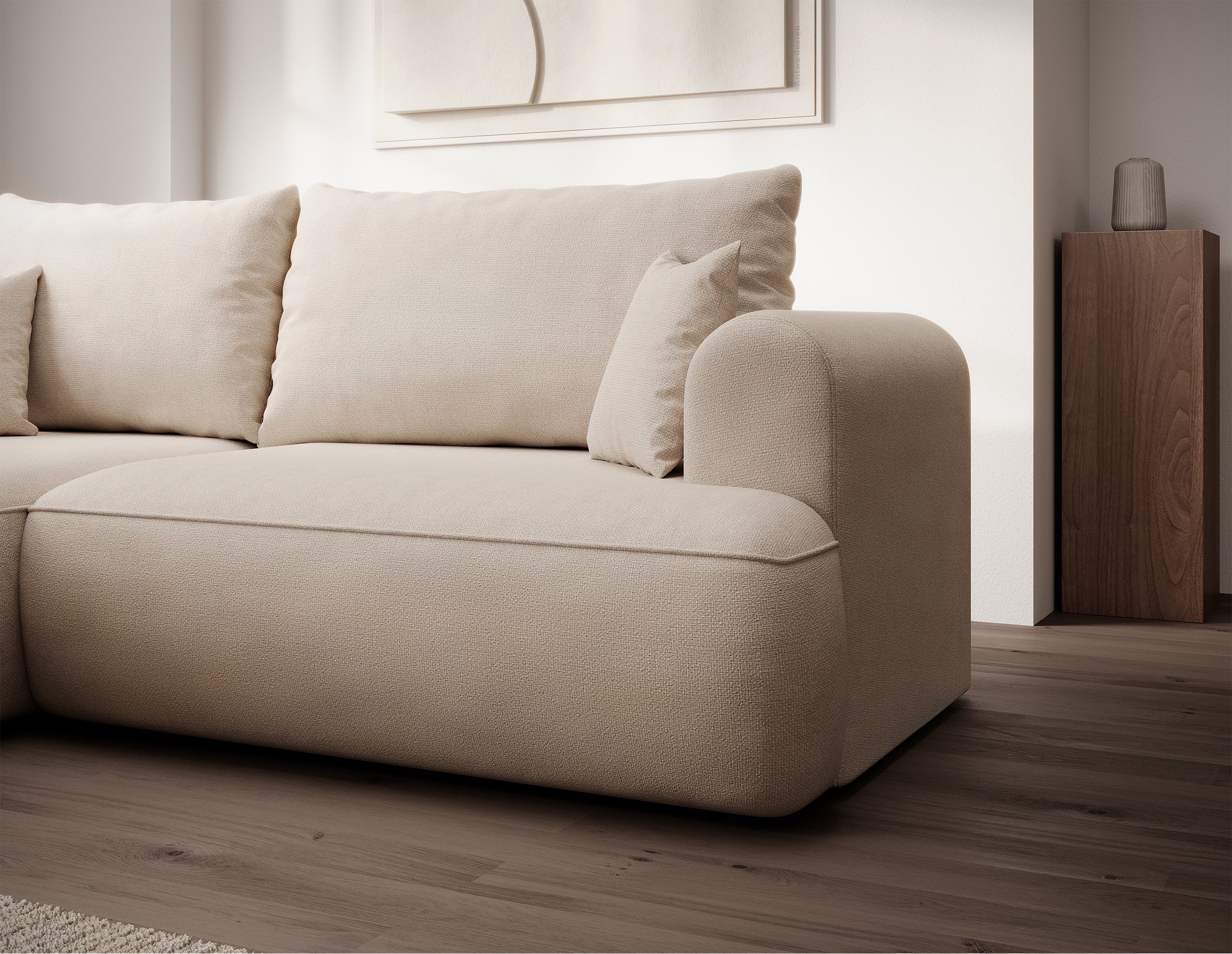 Ecksofa mit Schlaffunktion Ovo mini, L-förmig, linksseitig, mit Stauraum, cremefarben, pflegeleichter Chenille-Stoff