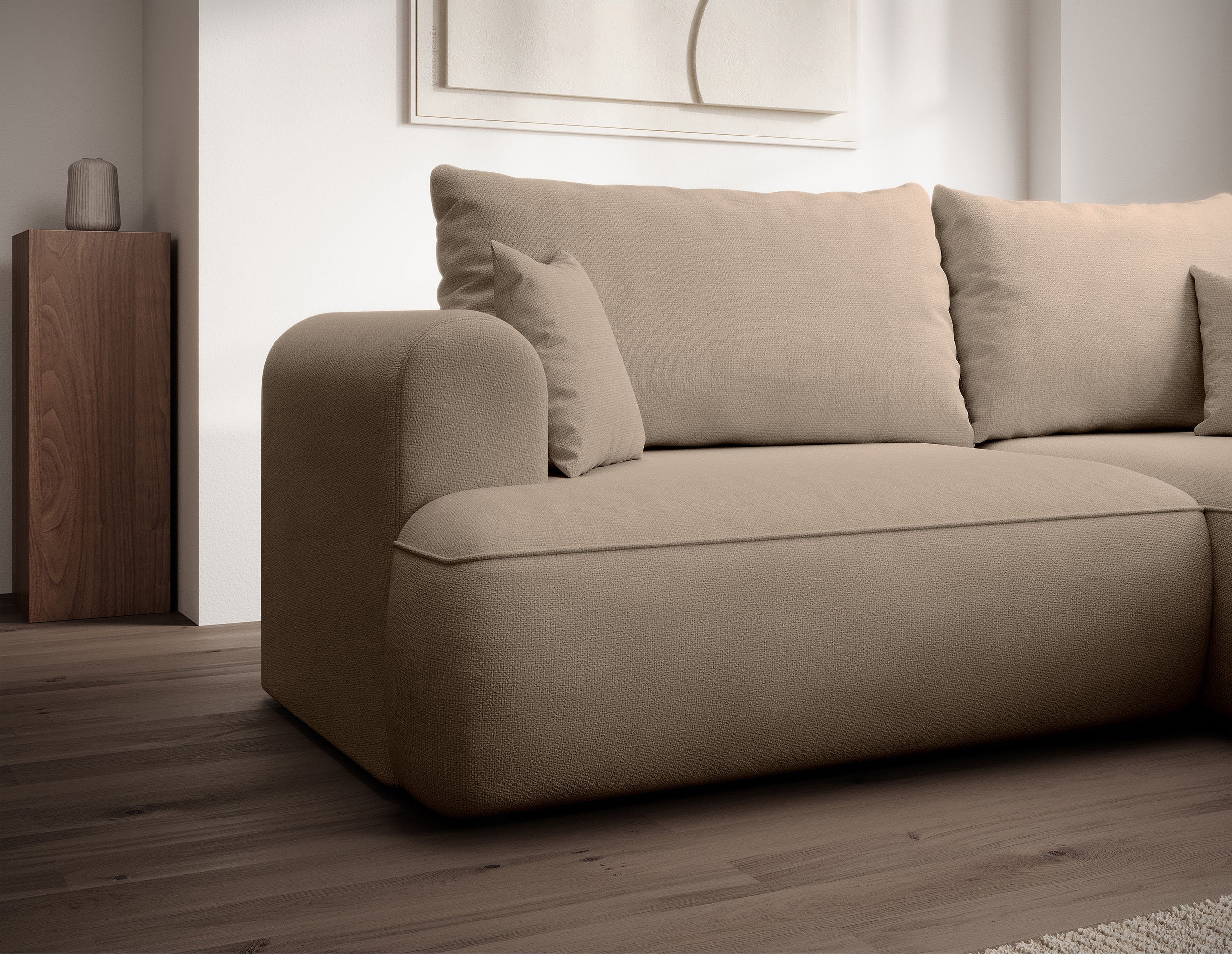 Ecksofa mit Schlaffunktion Ovo Mini, L-förmig, rechtsseitig, mit Stauraum, beige Chenille, pflegeleicht