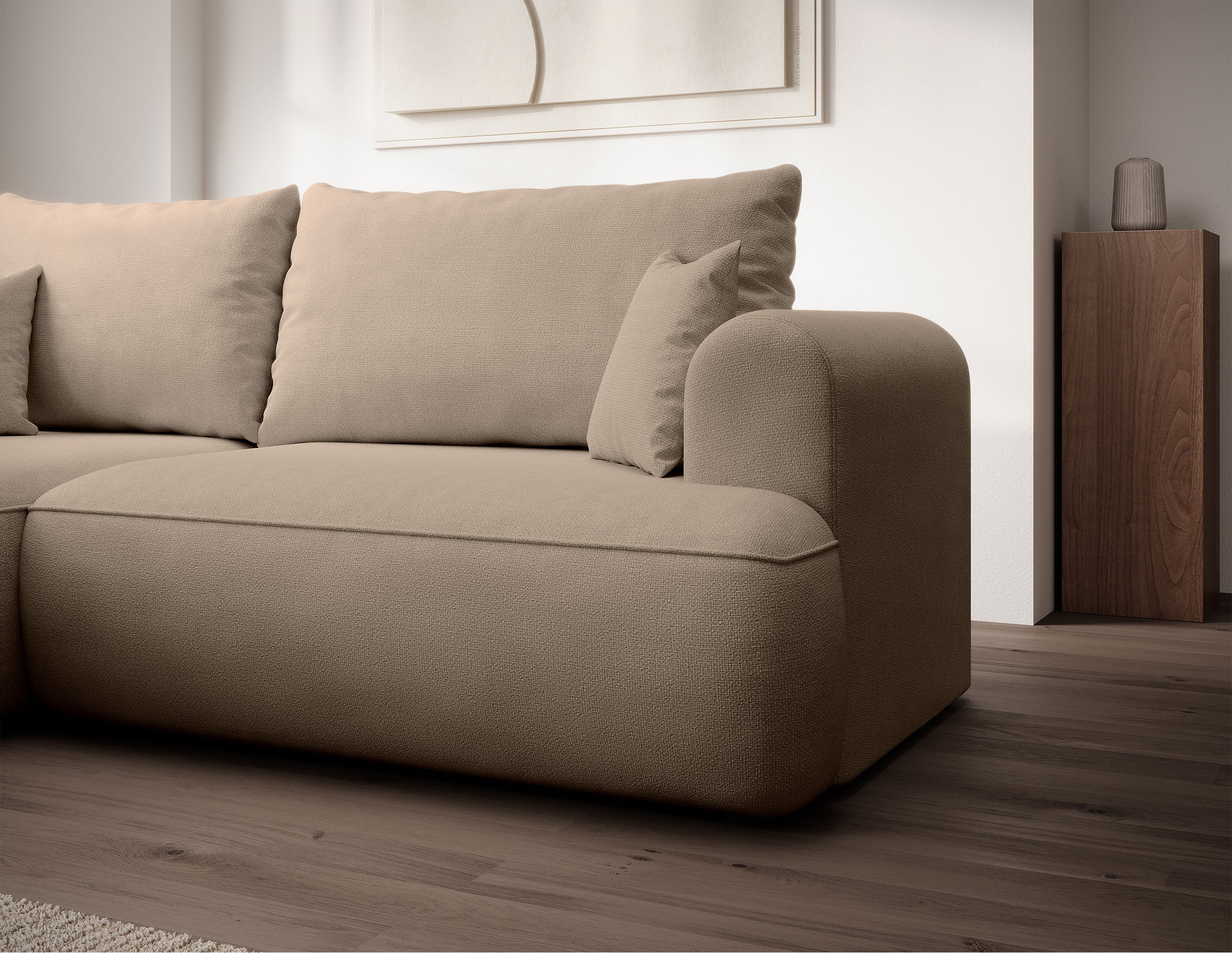 Ecksofa mit Schlaffunktion Ovo mini, L-förmig, linksseitig, mit Stauraum, beige Chenille, pflegeleicht