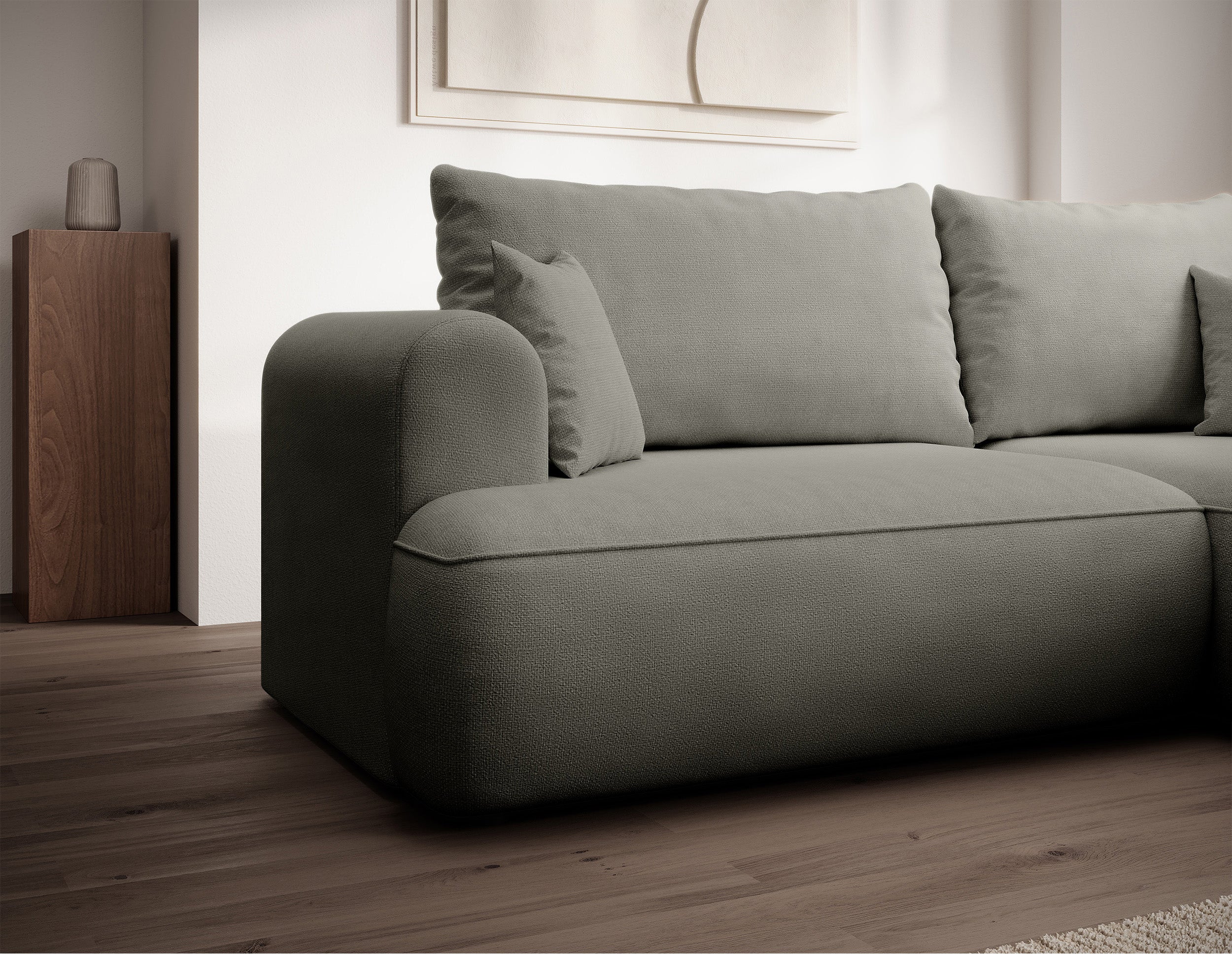 Ecksofa mit Schlaffunktion Ovo mini, L-förmig, rechtsseitig, mit Stauraum, hellgrauer, pflegeleichter Chenille-Stoff