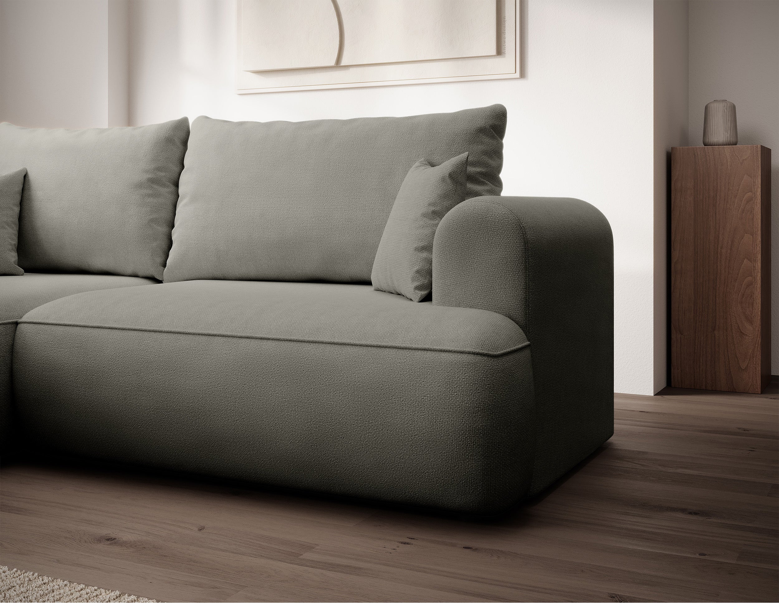 Ecksofa mit Schlaffunktion Ovo Mini, L-förmig, linksseitig, mit Stauraum, hellgrauer, pflegeleichter Chenille-Stoff
