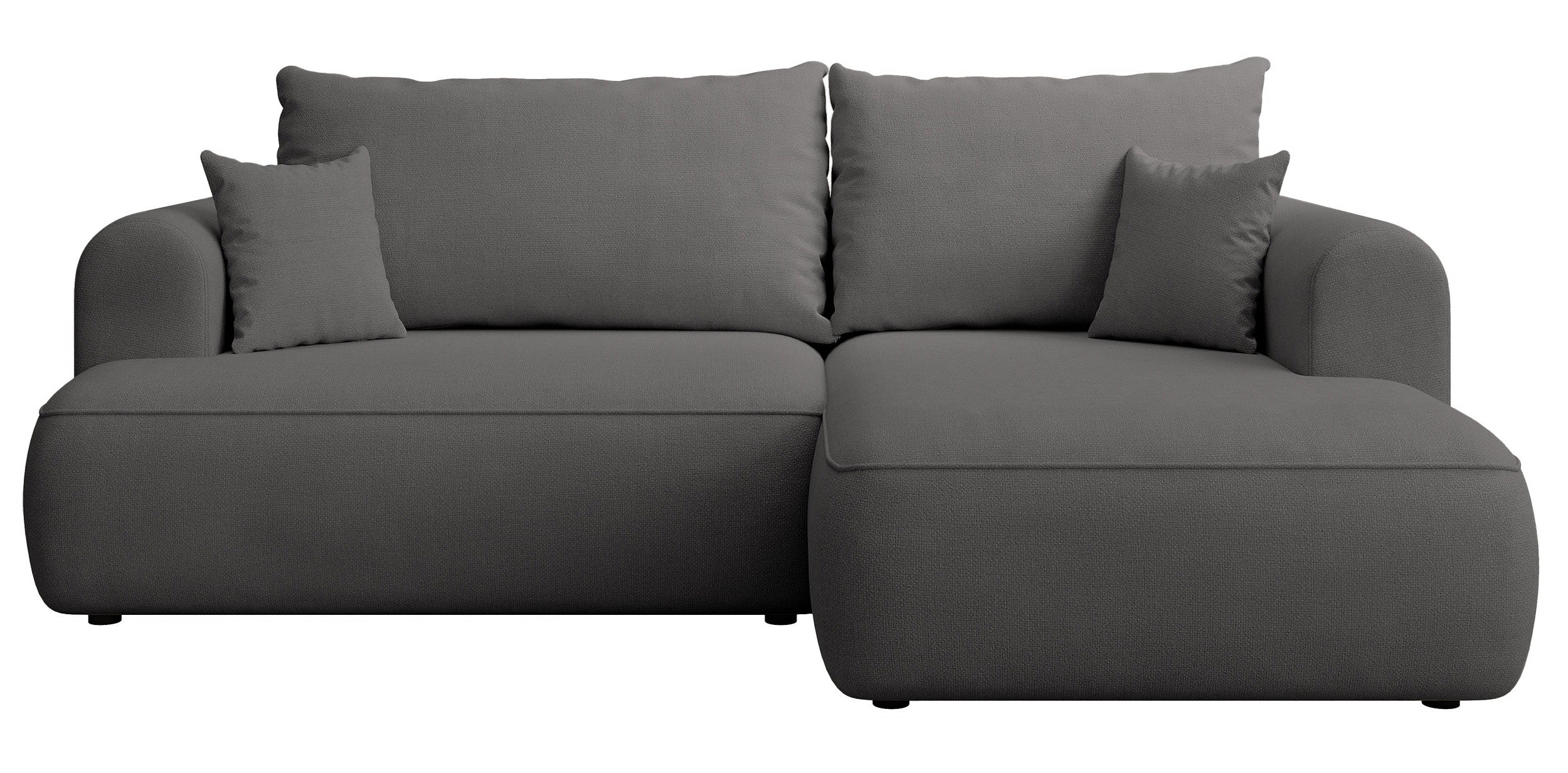 Ecksofa mit Schlaffunktion Ovo mini, L-förmig, rechtsseitig, mit Stauraum, dunkelgrauer Chenille-Stoff, pflegeleicht