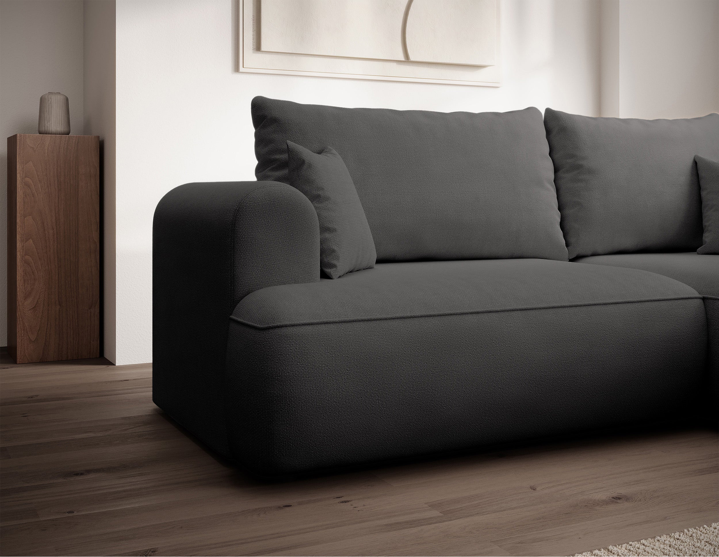 Ecksofa mit Schlaffunktion Ovo mini, L-förmig, rechtsseitig, mit Stauraum, dunkelgrauer Chenille-Stoff, pflegeleicht