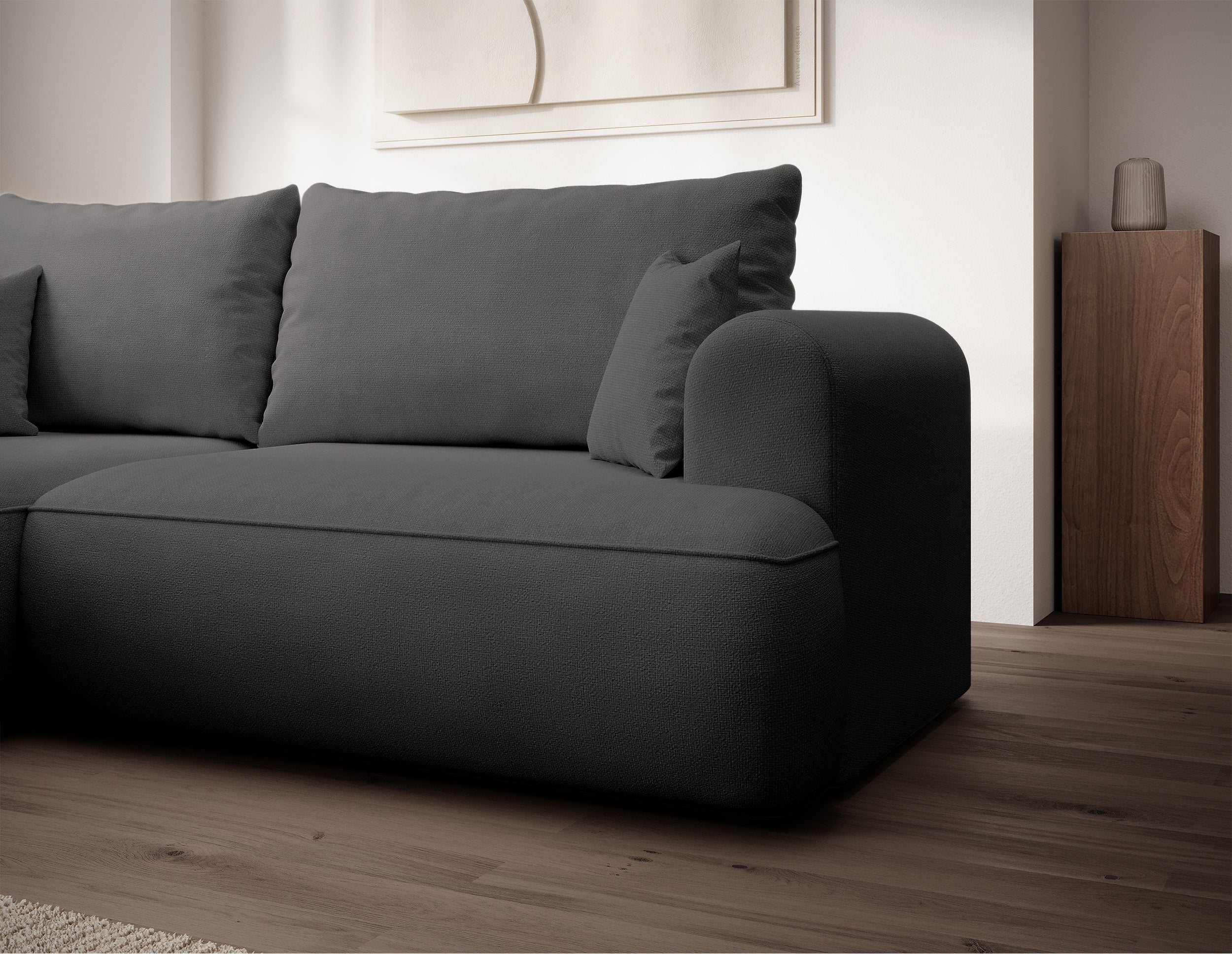 Ecksofa mit Schlaffunktion Ovo Mini, L-förmig, linksseitig, mit Stauraum, dunkelgrauer, pflegeleichter Chenillestoff