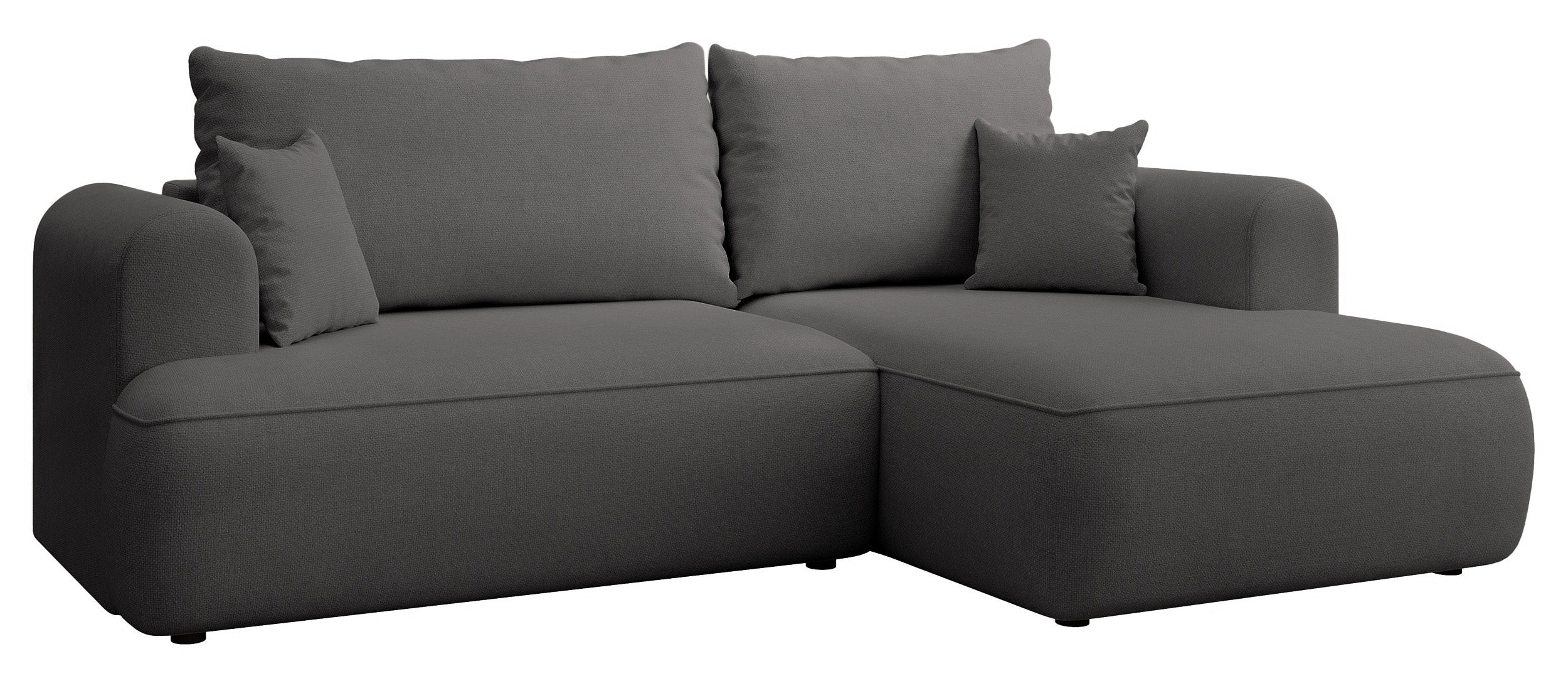 Ecksofa mit Schlaffunktion Ovo mini, L-förmig, rechtsseitig, mit Stauraum, dunkelgrauer Chenille-Stoff, pflegeleicht
