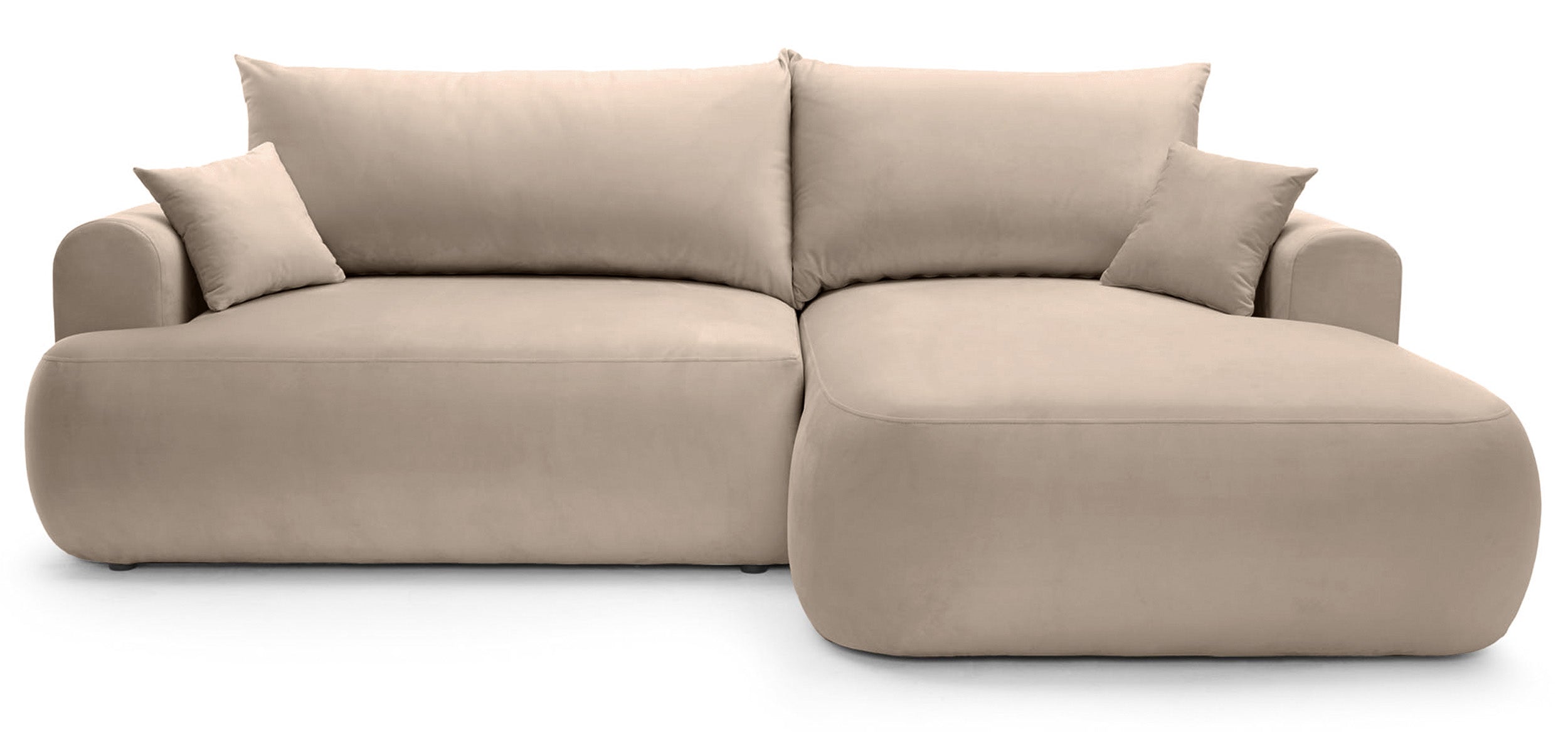 Ecksofa mit Schlaffunktion Ovo, L-förmig, rechtsseitig, mit Stauraum, beige Velours, pflegeleicht