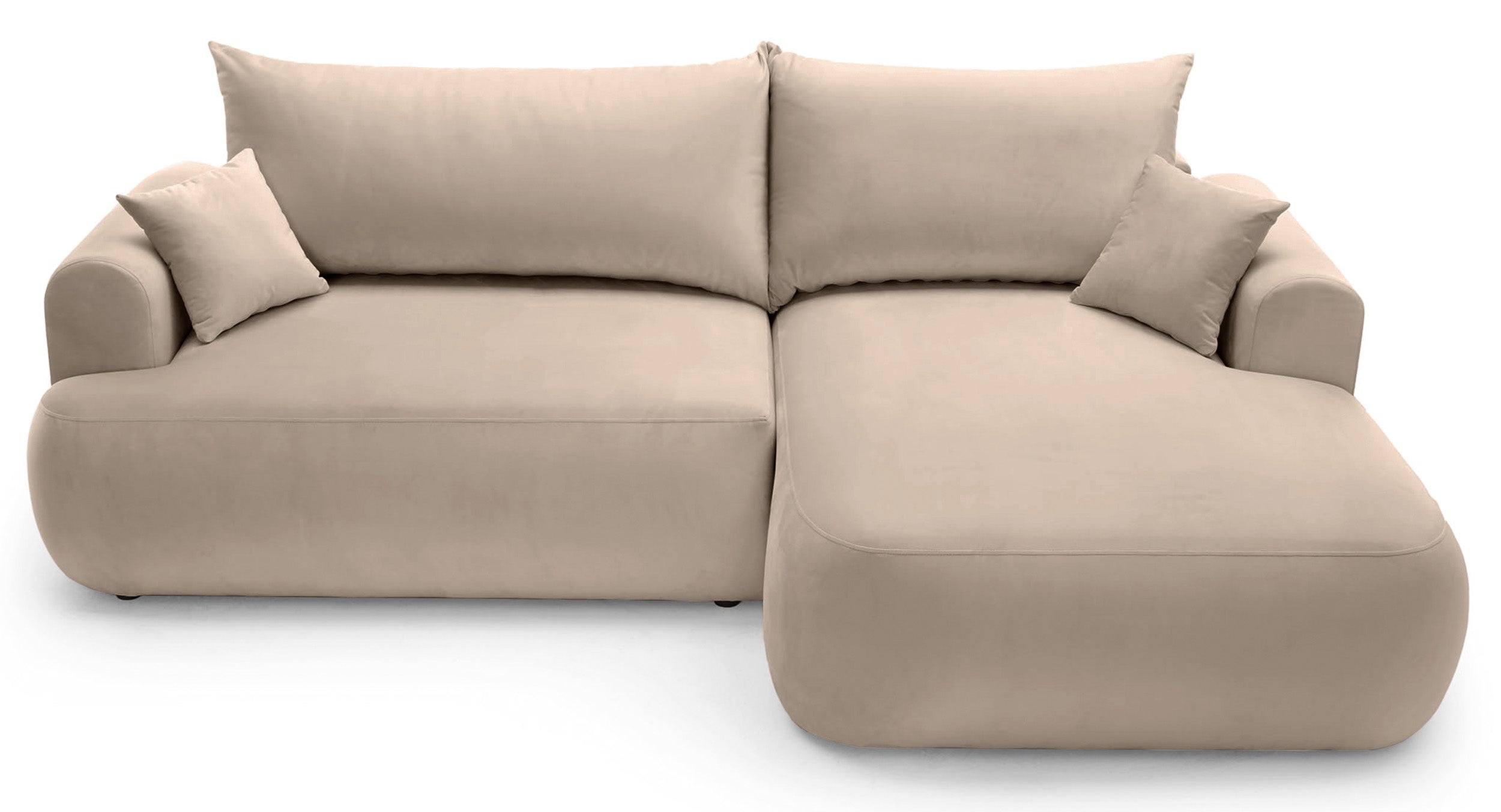 Ecksofa mit Schlaffunktion Ovo, L-förmig, rechtsseitig, mit Stauraum, beige Velours, pflegeleicht