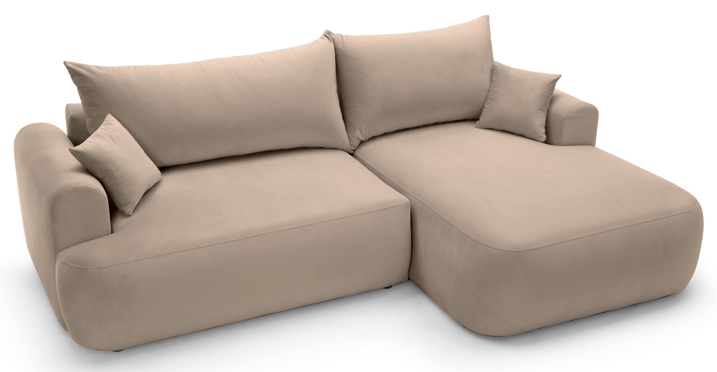 Ecksofa mit Schlaffunktion Ovo, L-förmig, rechtsseitig, mit Stauraum, beige Velours, pflegeleicht