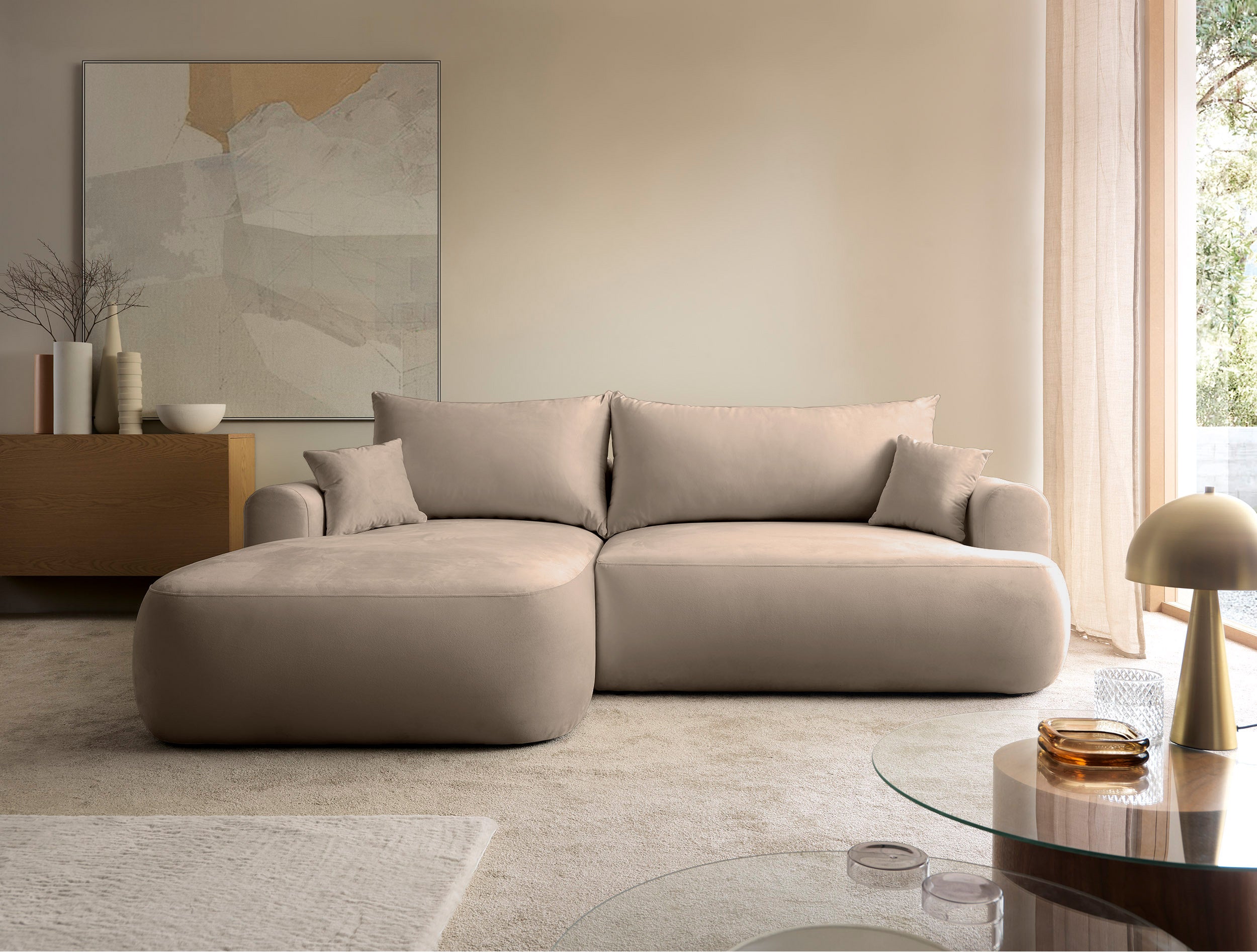 Ecksofa mit Schlaffunktion Ovo, L-förmig, linksseitig, mit Stauraum, beige, pflegeleichter Samtstoff