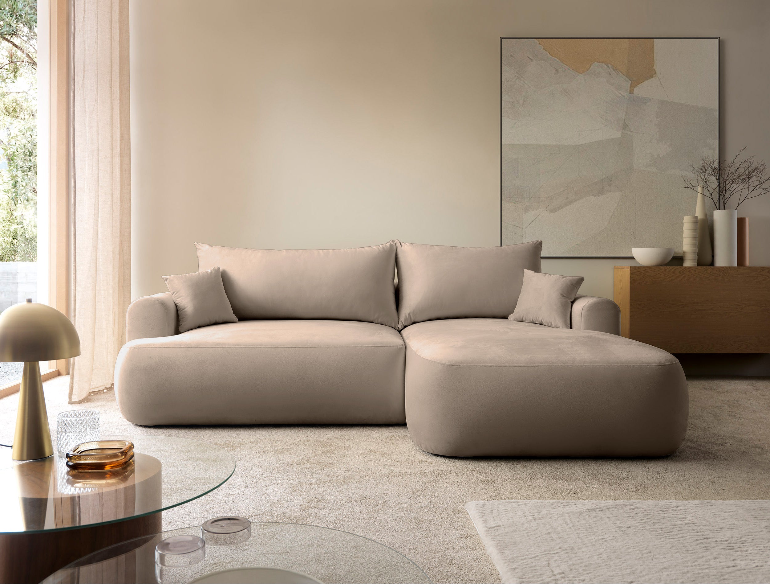 Ecksofa mit Schlaffunktion Ovo, L-förmig, rechtsseitig, mit Stauraum, beige Velours, pflegeleicht