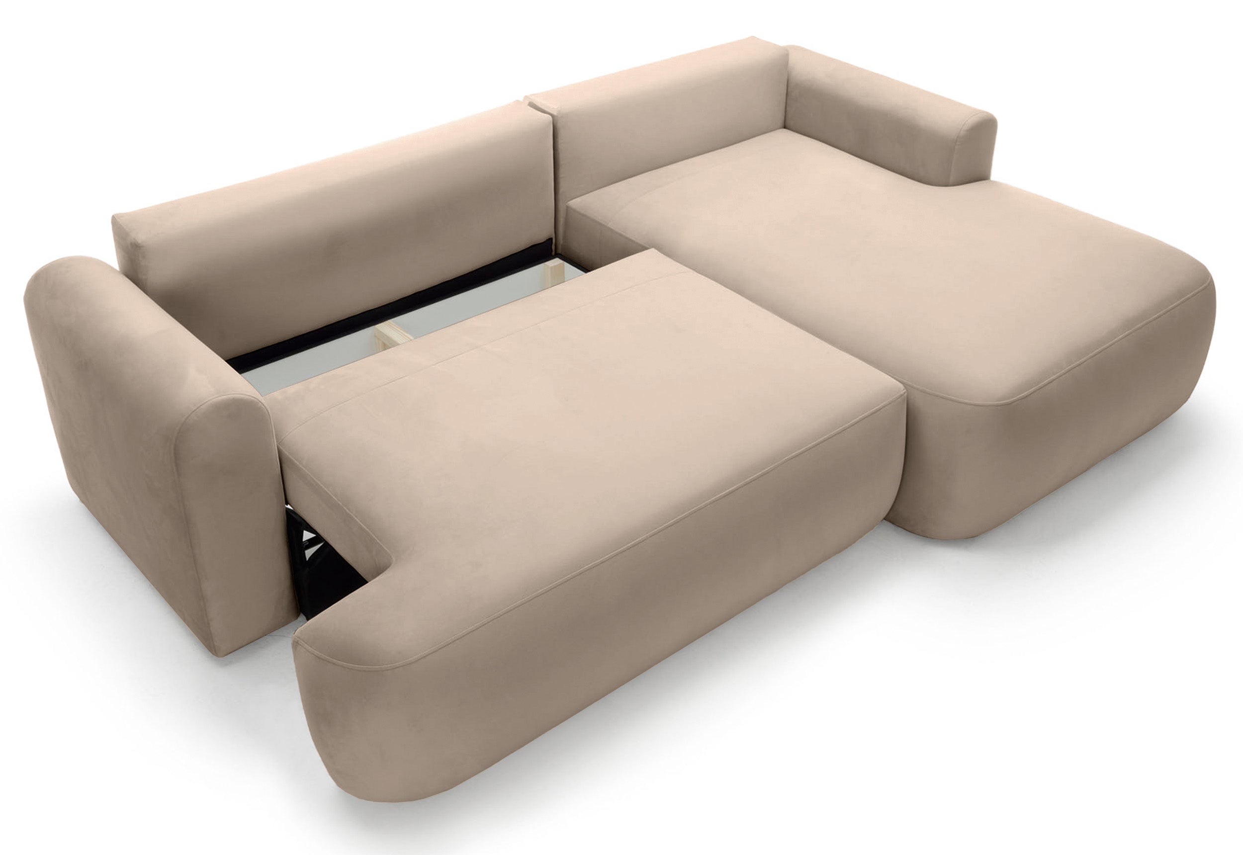 Ecksofa mit Schlaffunktion Ovo, L-förmig, rechtsseitig, mit Stauraum, beige Velours, pflegeleicht