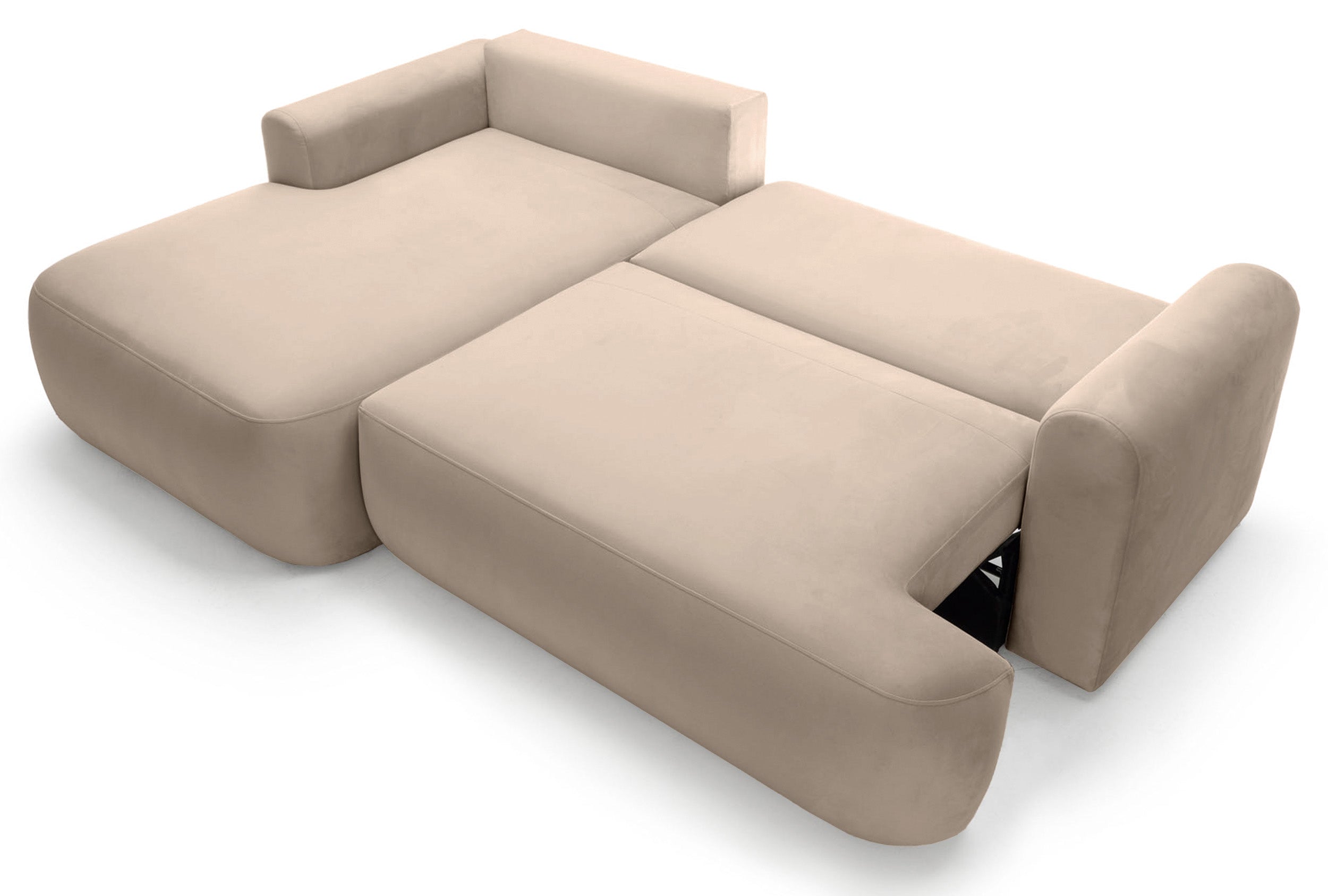 Ecksofa mit Schlaffunktion Ovo, L-förmig, linksseitig, mit Stauraum, beige, pflegeleichter Samtstoff