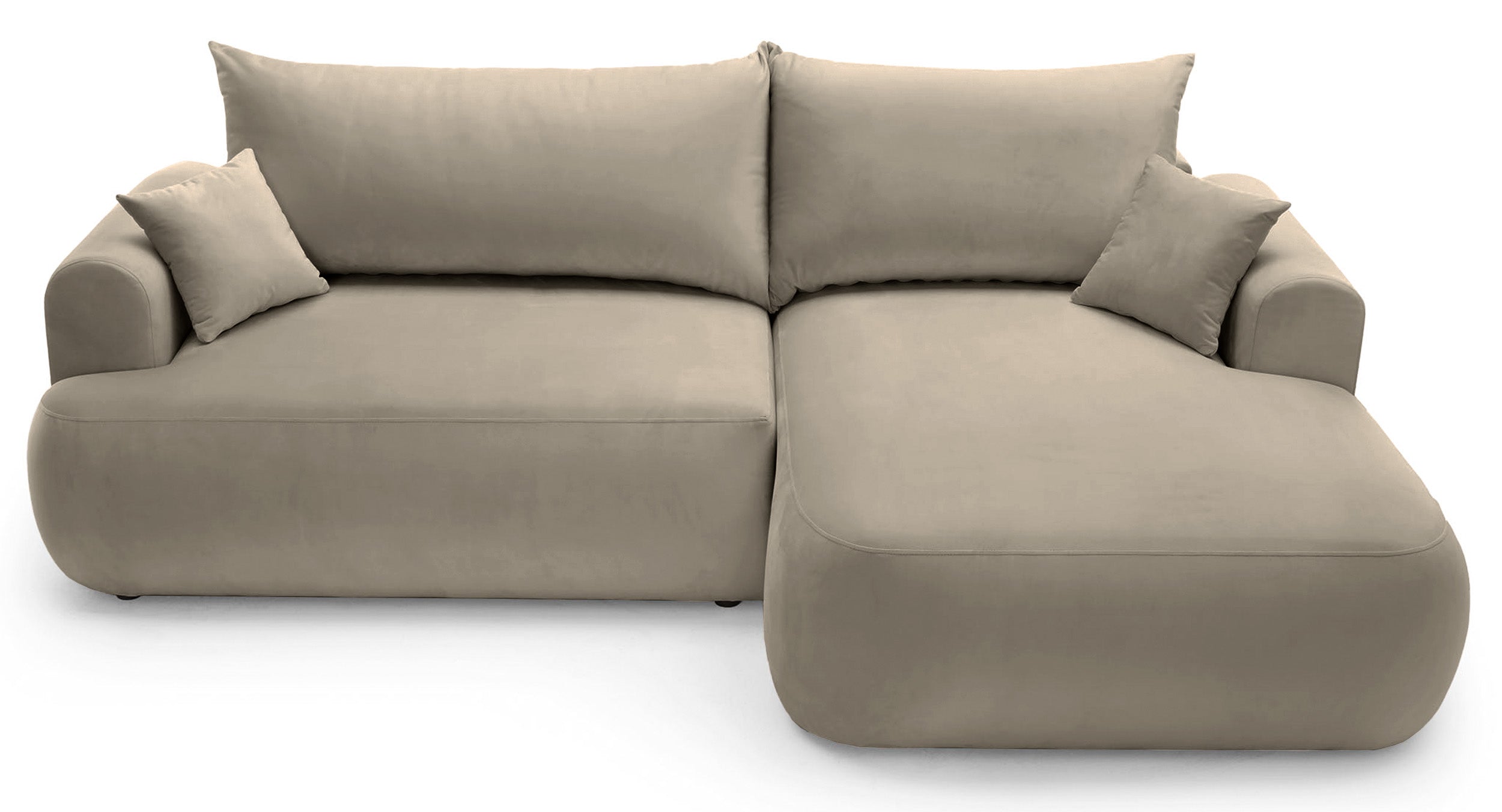 Ecksofa mit Schlaffunktion Ovo, L-förmig, rechtsseitig, mit Stauraum, grau-beiger, pflegeleichter Samtvelours