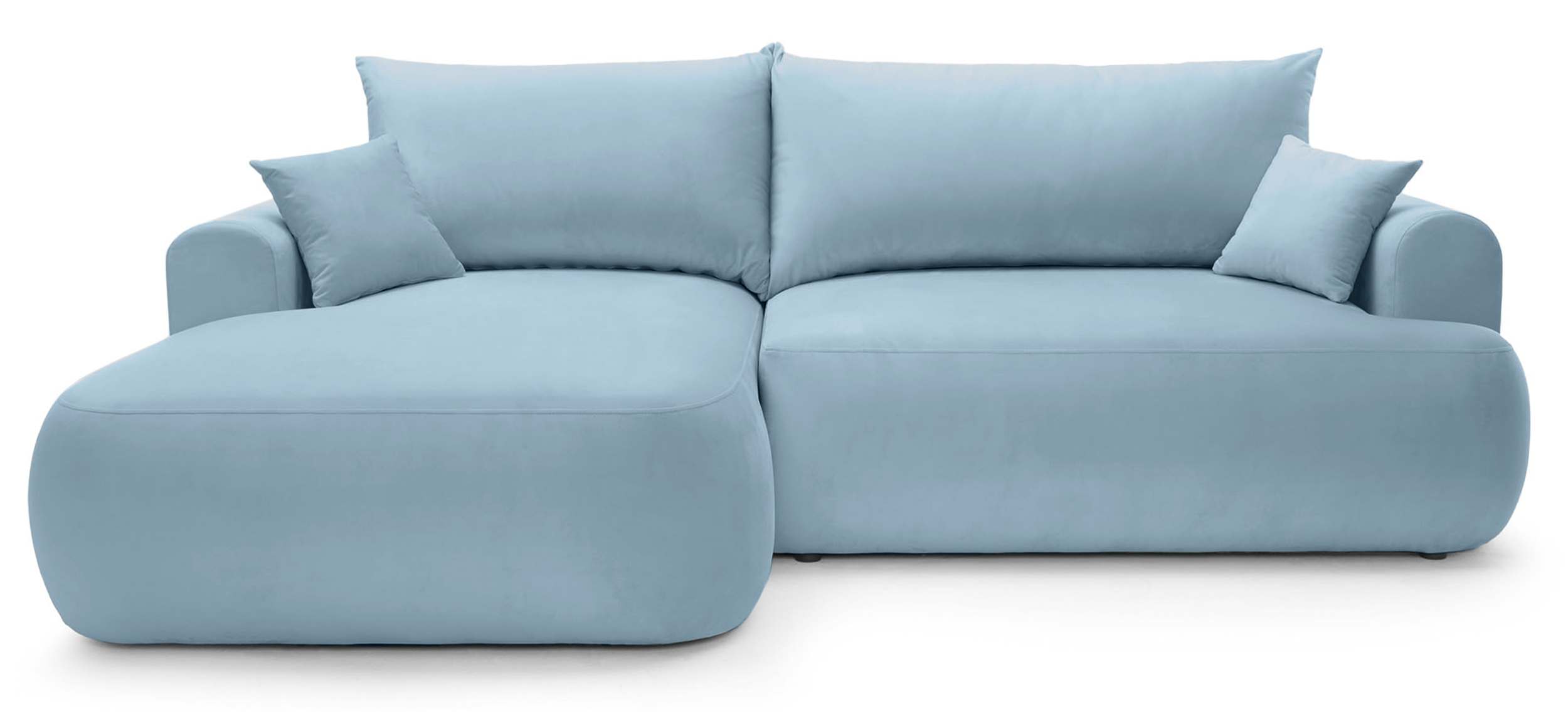 Ecksofa mit Schlaffunktion Ovo, L-förmig, linke Seite, mit Stauraum, hellblauer hydrophober Samt