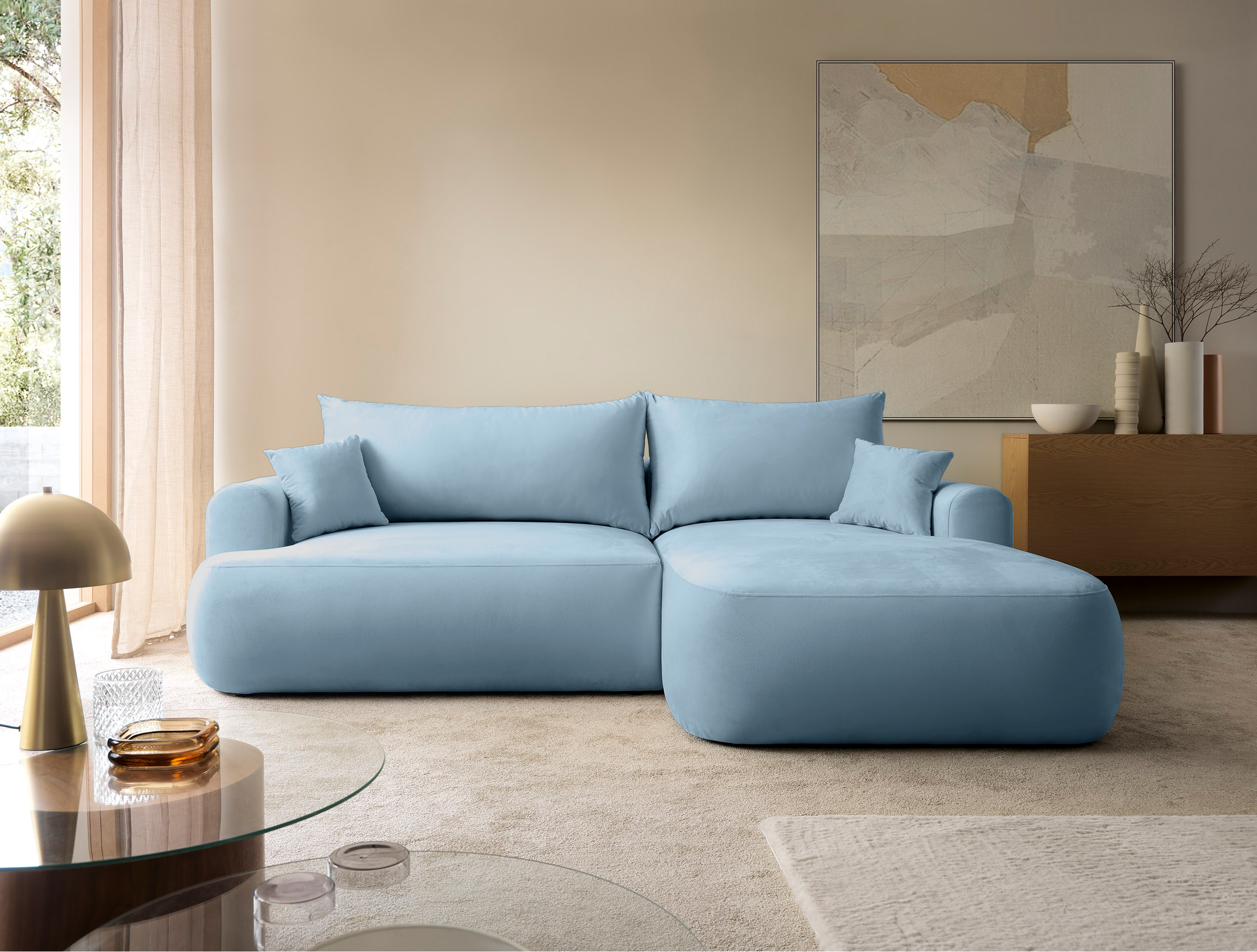 Ovo Ecksofa mit Schlaffunktion, L-Form, rechtsseitig, mit Stauraum, hellblauer hydrophober Samt