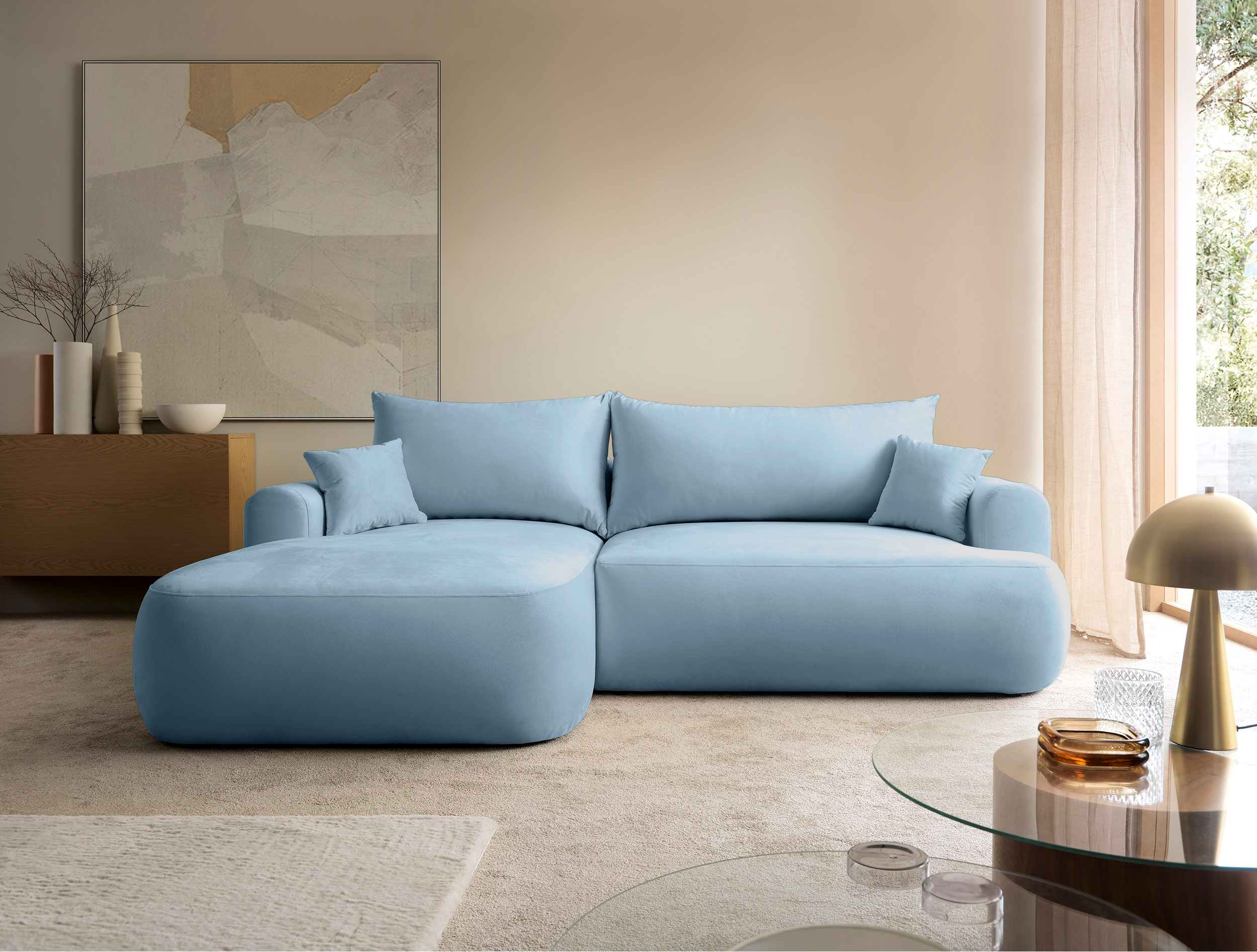 Ecksofa mit Schlaffunktion Ovo, L-förmig, linke Seite, mit Stauraum, hellblauer hydrophober Samt