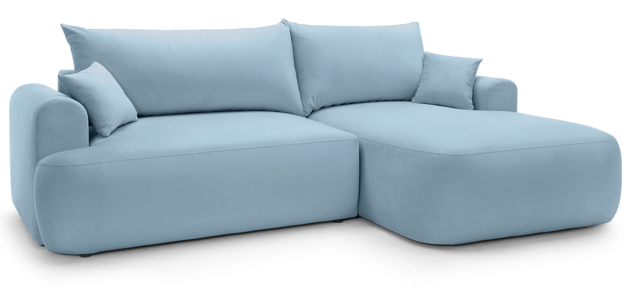 Ovo Ecksofa mit Schlaffunktion, L-Form, rechtsseitig, mit Stauraum, hellblauer hydrophober Samt